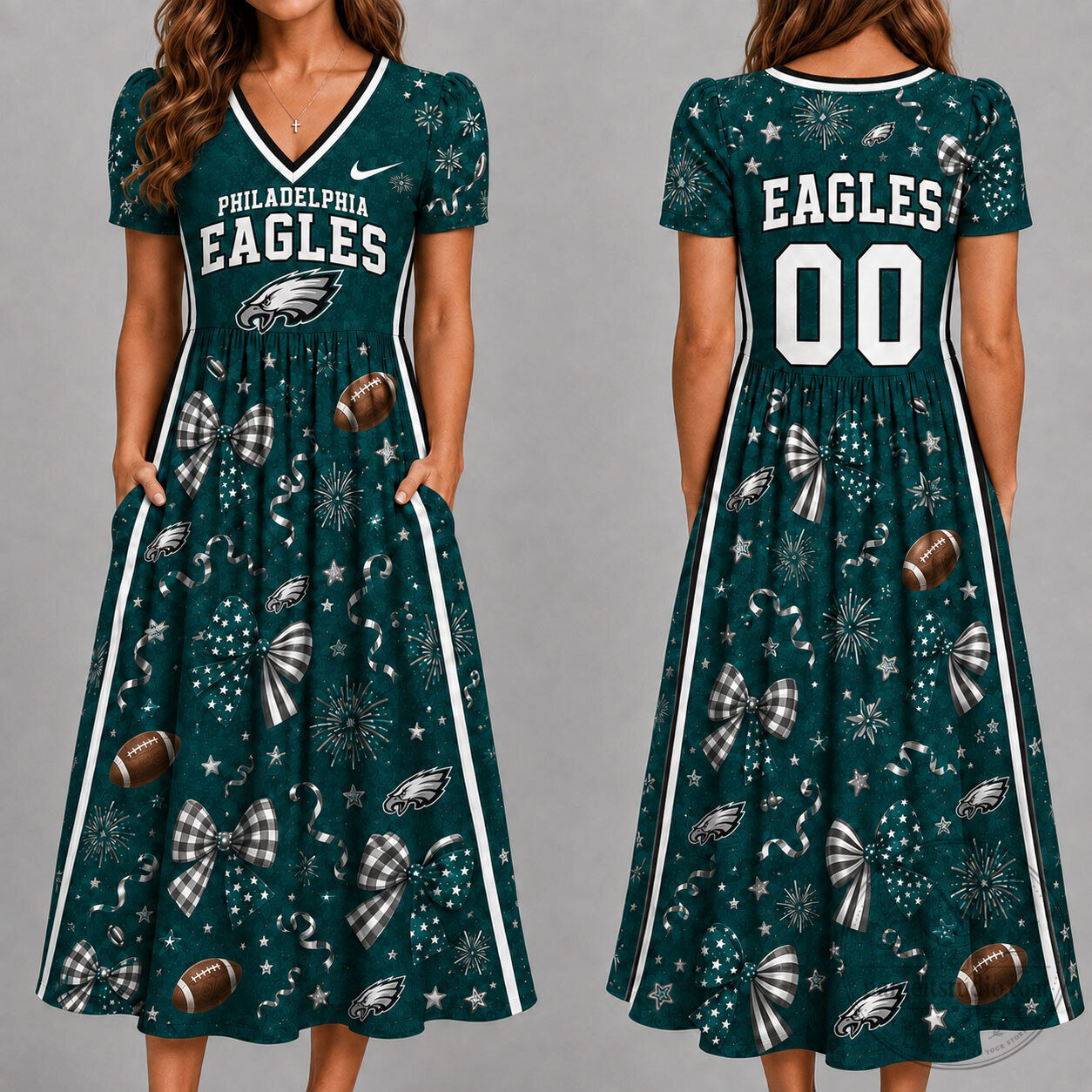 Philadelphia Eagles Game Day V-Neck Dress with Footballs and Bows