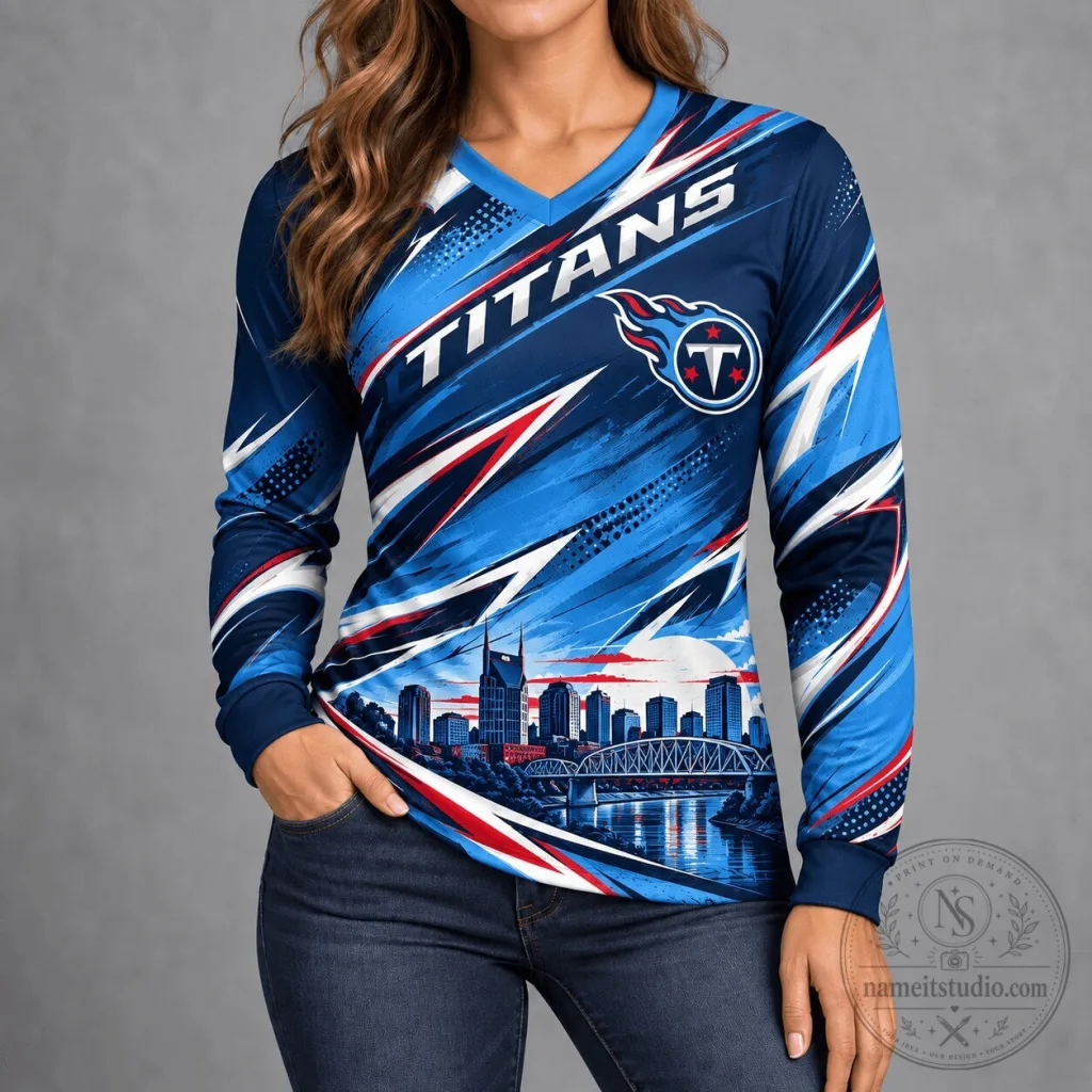 Tennessee Titans NFL City Horizon Long-Sleeve V-Neck Shirt for Women Tennessee Titans NFL City Horizon Long-Sleeve V-Neck Shirt for Women