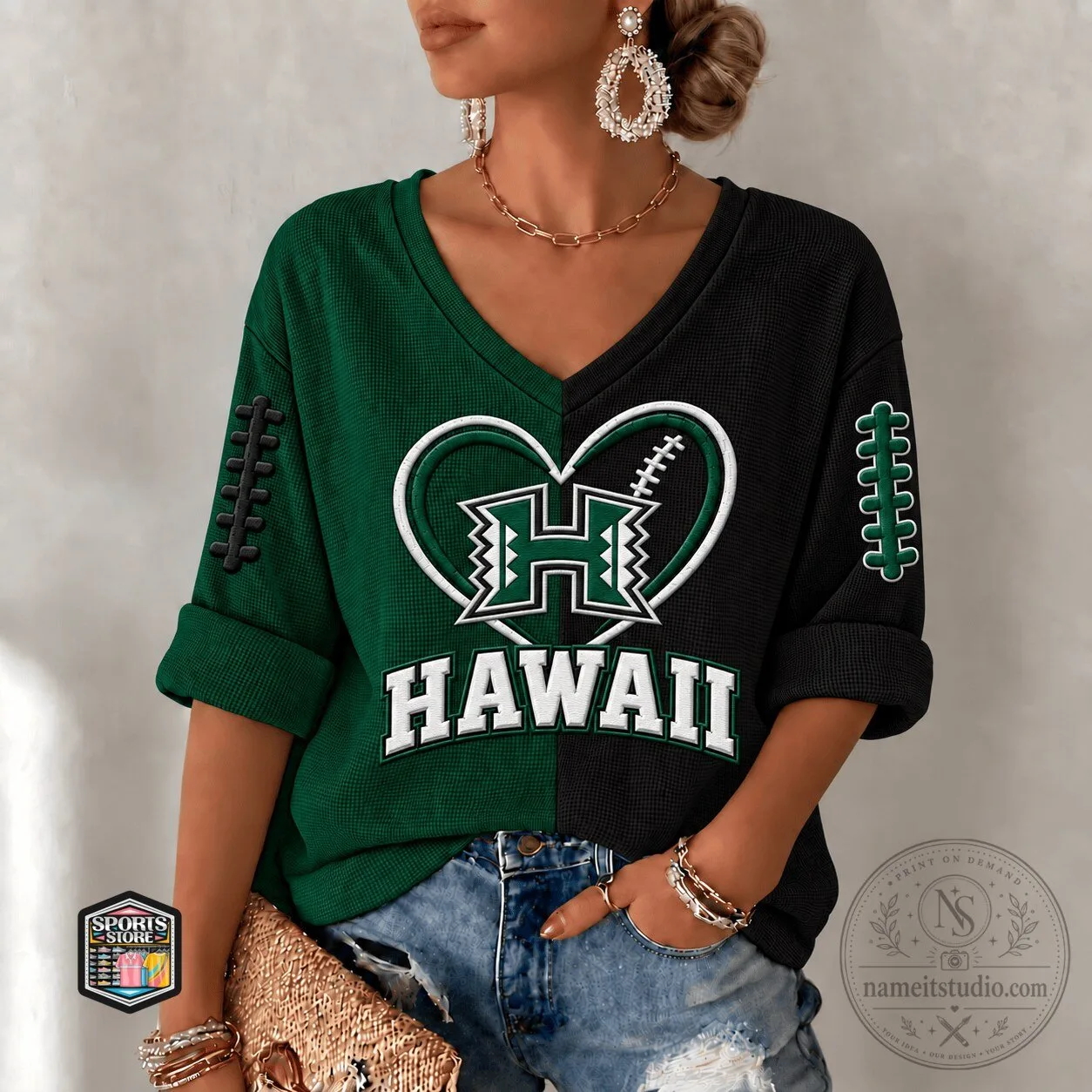 Hawaii Rainbow Warriors Football Heart Design V-Neck Long Sleeve Shirt