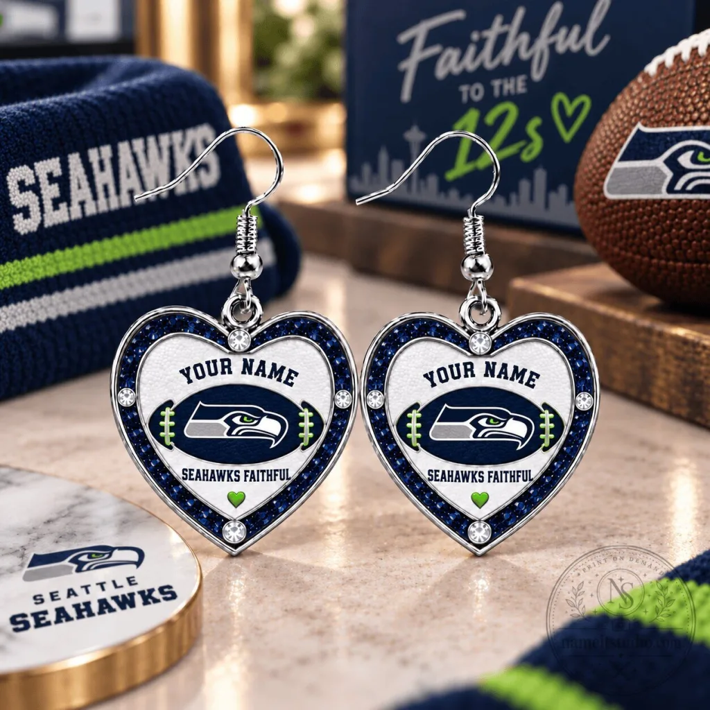 Seattle Seahawks Heart Dangle Earrings Personalized Gift For Football Fan Seattle Seahawks Heart Dangle Earrings Personalized Gift For Football Fan