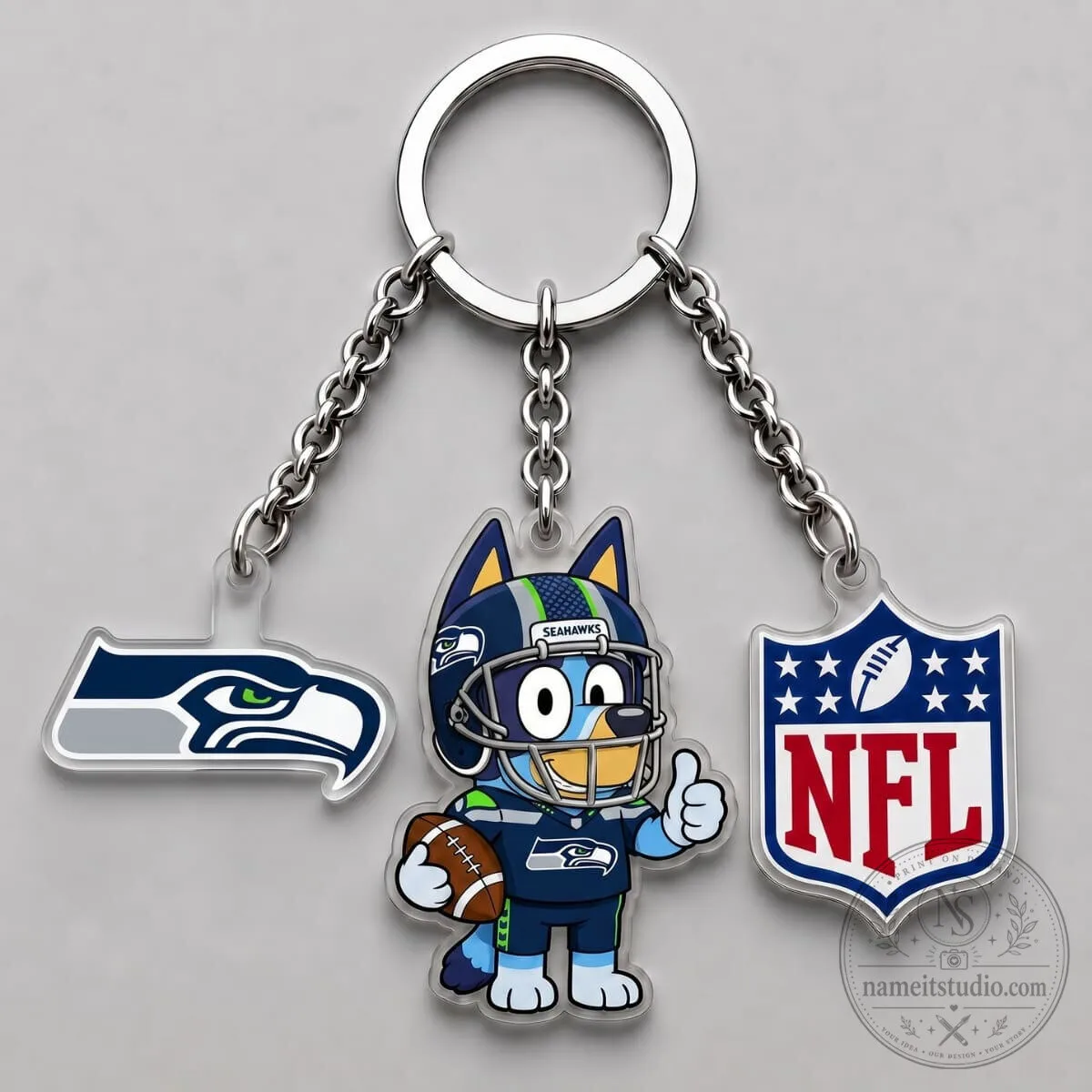 Seattle Seahawks Bluey National Football League Triple Charm Keychain
