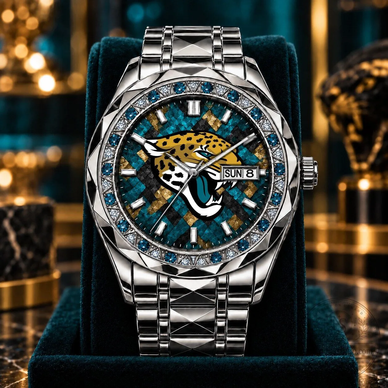 Jacksonville Jaguars NFL Team Logo Diamond Bezel Stainless Steel Watch