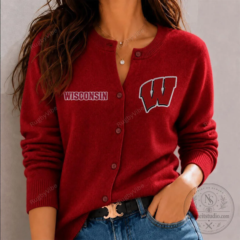 Wisconsin Badgers Embroidered Red Cardigan Sweater for Women