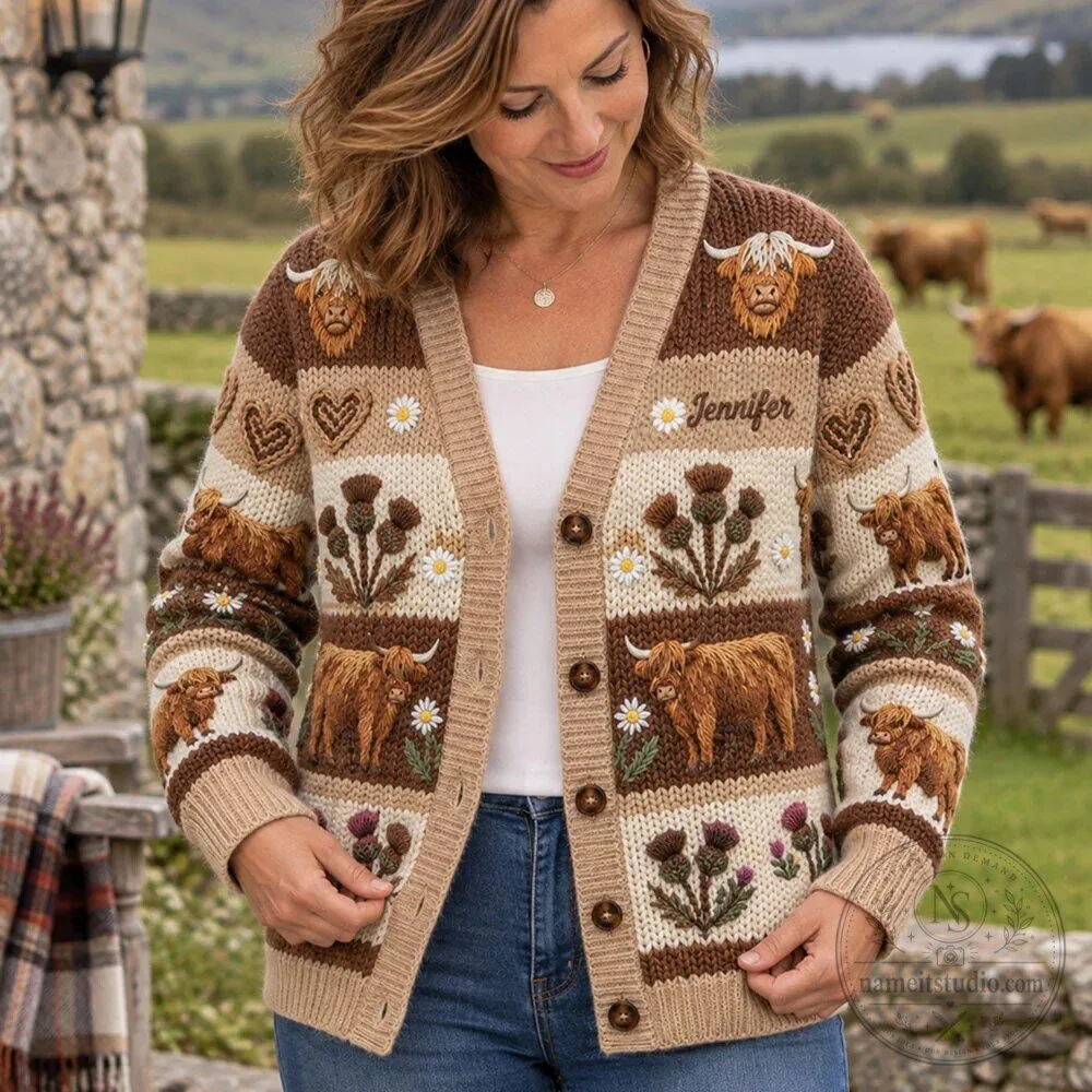 Personalized Highland Cow Knitted Cardigan Sweater for Women 15 Personalized Highland Cow Knitted Cardigan Sweater for Women