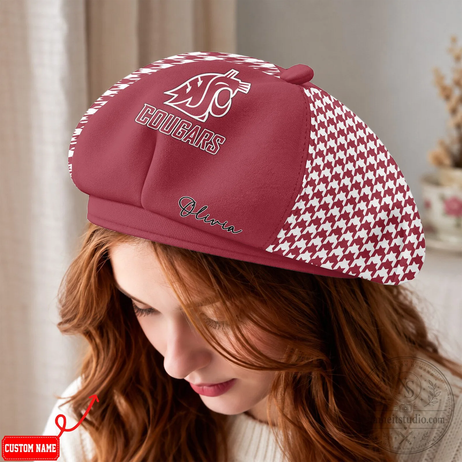 Washington State Cougars Houndstooth Pattern Personalized Beret Cap Hat 8 Washington State Cougars Houndstooth Pattern Personalized Beret Cap Hat