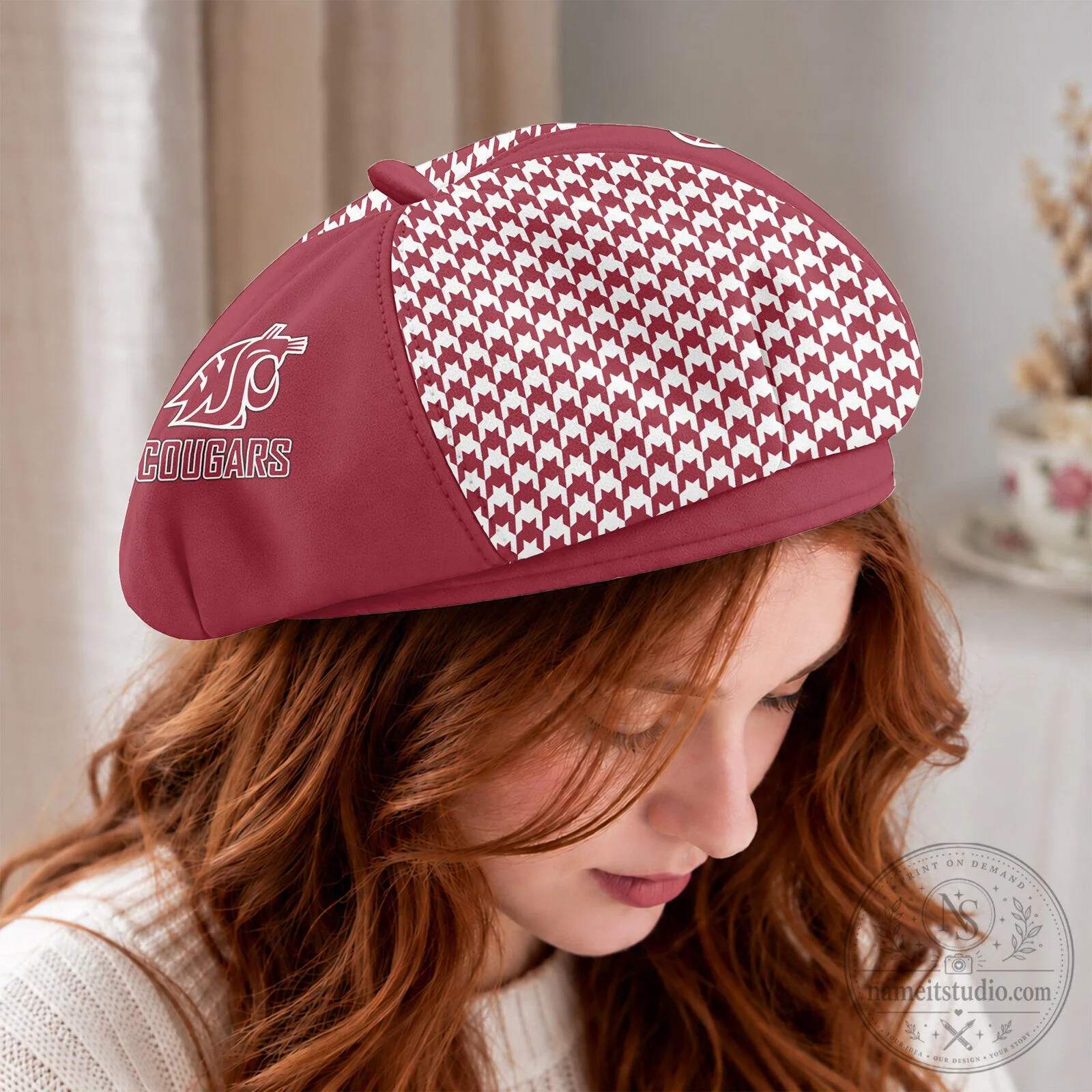 Washington State Cougars Houndstooth Pattern Personalized Beret Cap Hat 9 Washington State Cougars Houndstooth Pattern Personalized Beret Cap Hat