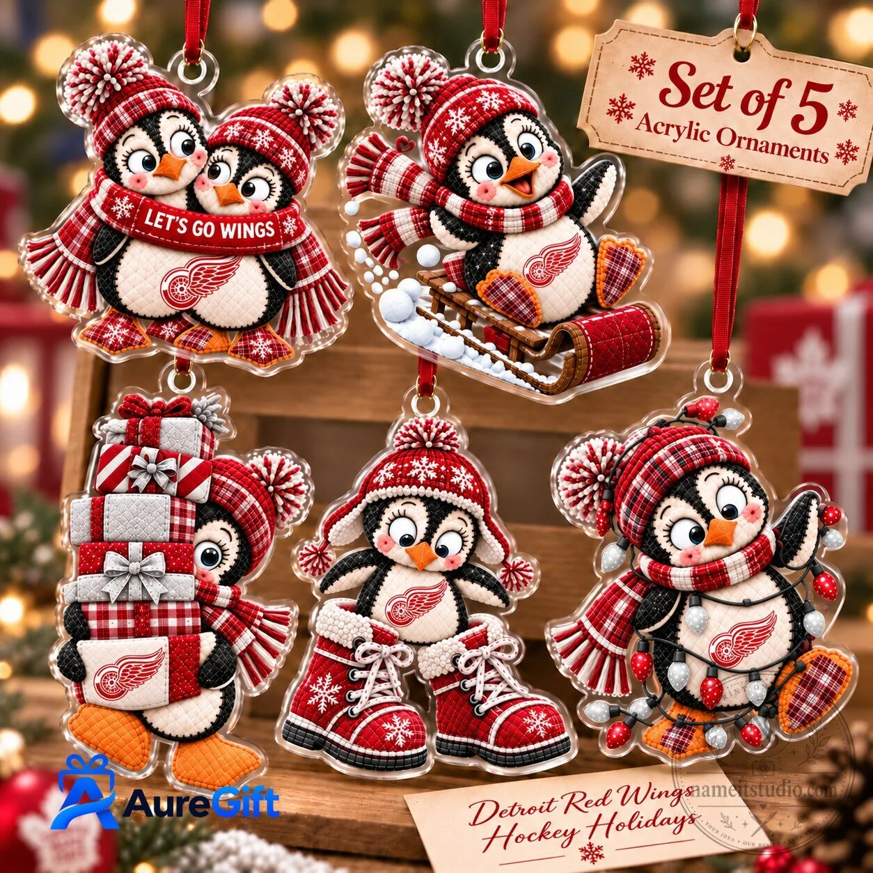 Detroit Red Wings Penguin Christmas Hockey Holidays Acrylic Ornaments Set of 5