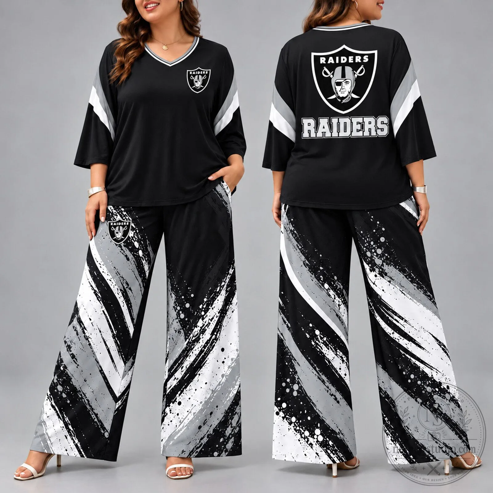 Las Vegas Raiders Football Team V-Neck Shirt and Wide Leg Pants Pajama Set