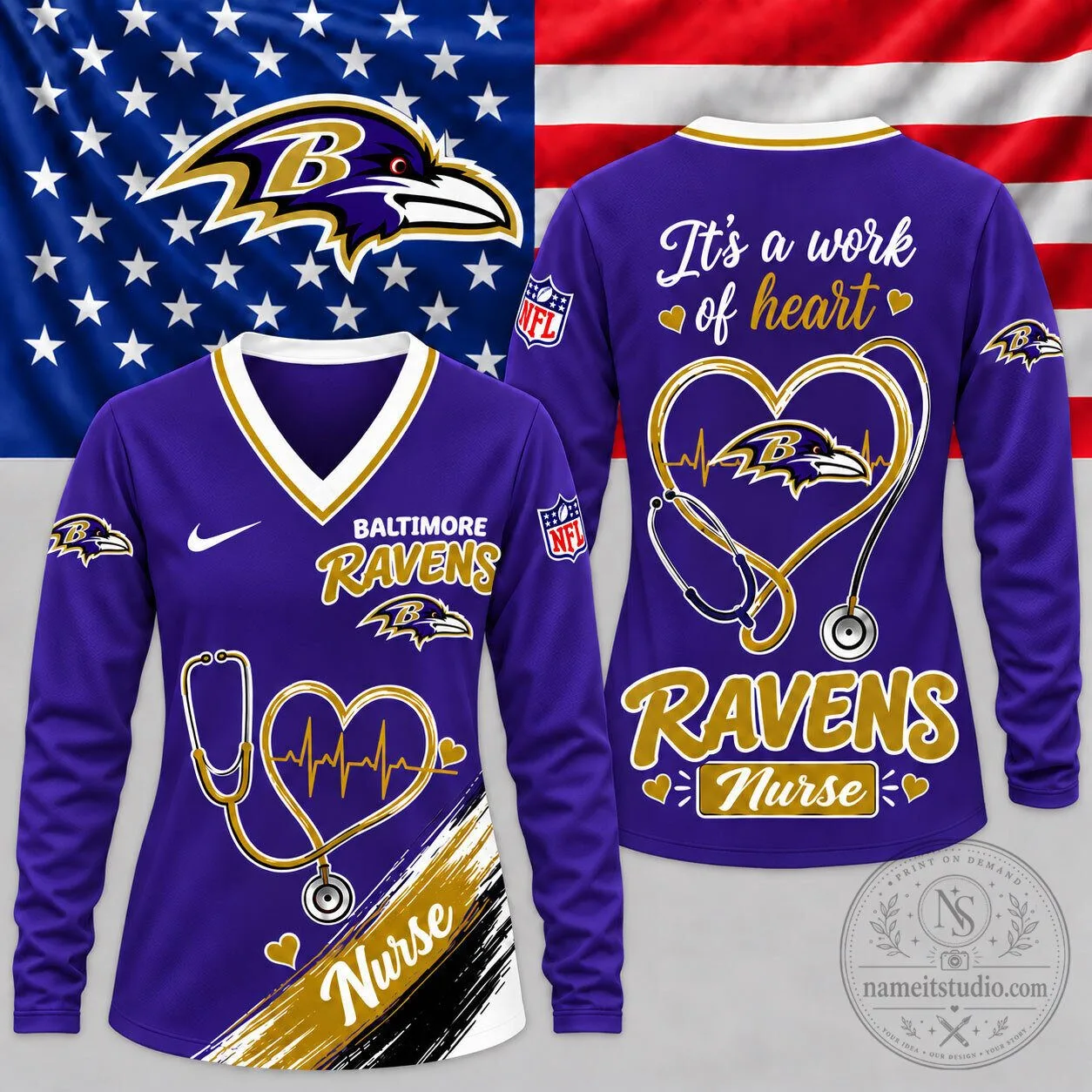 Baltimore Ravens Nurse Heartbeat Pride V-Neck Long Sleeve Shirt