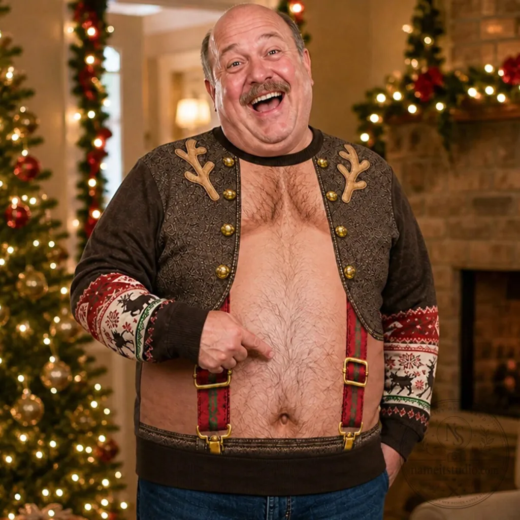 Funny Hairy Belly Ugly Christmas Sweater with Suspenders and Reindeer Antlers Funny Hairy Belly Ugly Christmas Sweater with Suspenders and Reindeer Antlers
