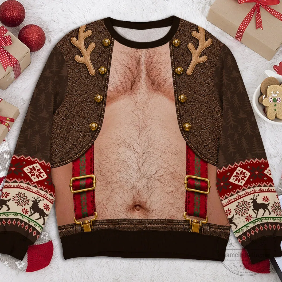 Funny Hairy Belly Ugly Christmas Sweater with Suspenders and Reindeer Antlers 11 Funny Hairy Belly Ugly Christmas Sweater with Suspenders and Reindeer Antlers