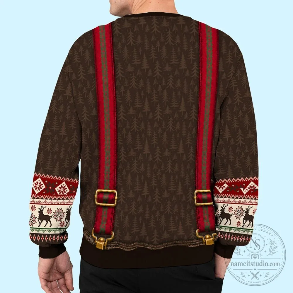 Funny Hairy Belly Ugly Christmas Sweater with Suspenders and Reindeer Antlers 12 Funny Hairy Belly Ugly Christmas Sweater with Suspenders and Reindeer Antlers