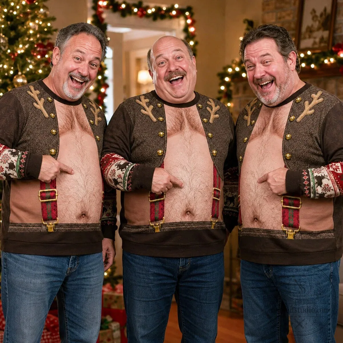 Funny Hairy Belly Ugly Christmas Sweater with Suspenders and Reindeer Antlers 13 Funny Hairy Belly Ugly Christmas Sweater with Suspenders and Reindeer Antlers