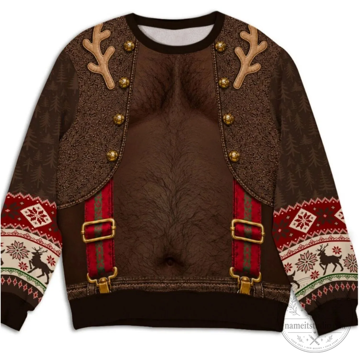 Funny Hairy Belly Ugly Christmas Sweater with Suspenders and Reindeer Antlers 15 Funny Hairy Belly Ugly Christmas Sweater with Suspenders and Reindeer Antlers