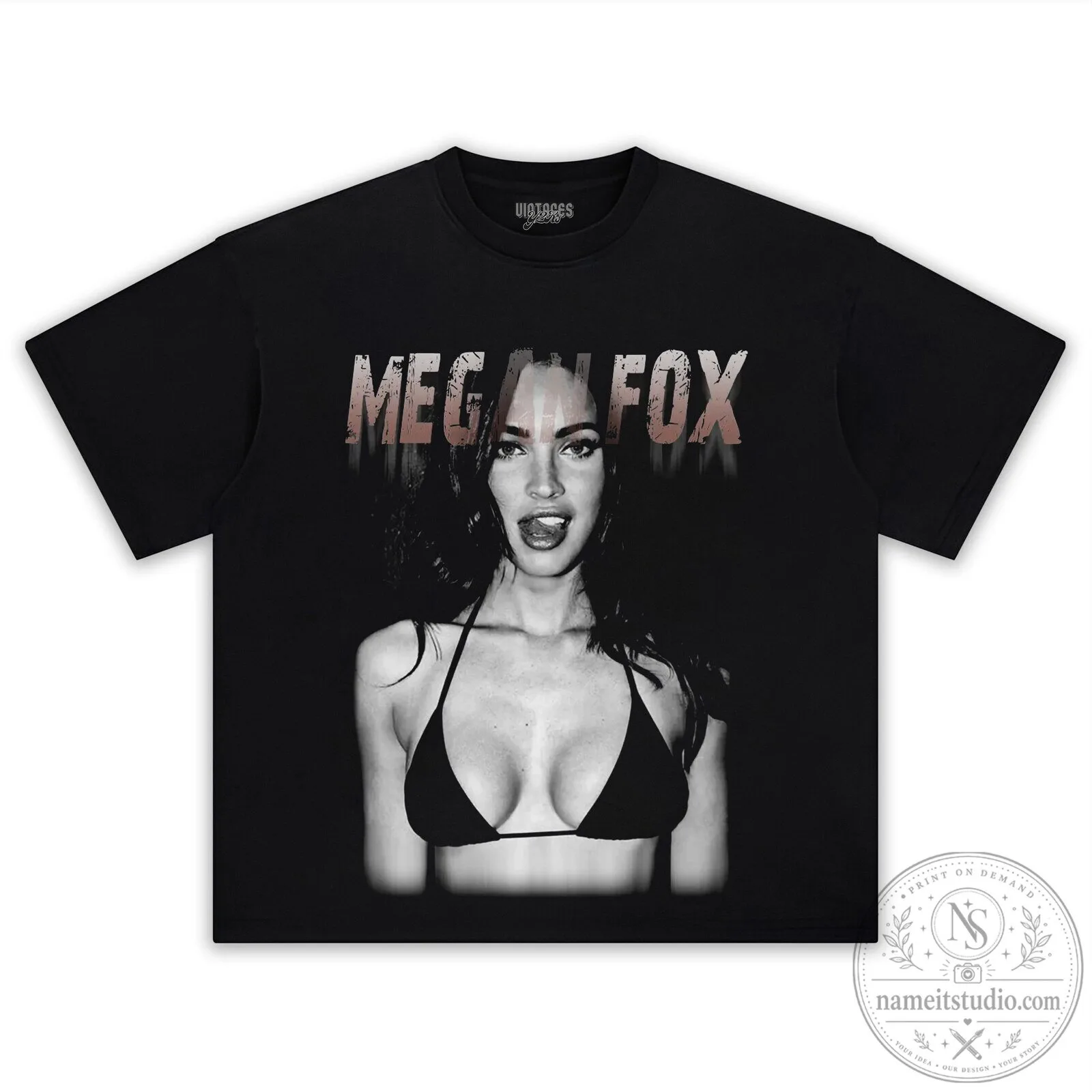 Black and White Graphic T-Shirt Featuring Vintage Style of Megan Fox