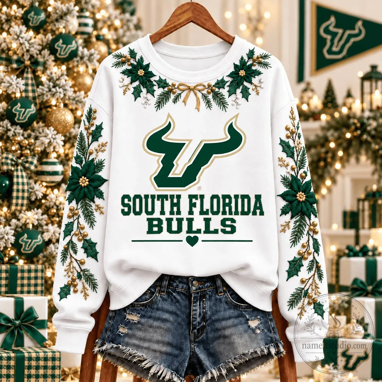 South Florida Bulls Christmas Floral Embroidered Holiday Sweatshirt