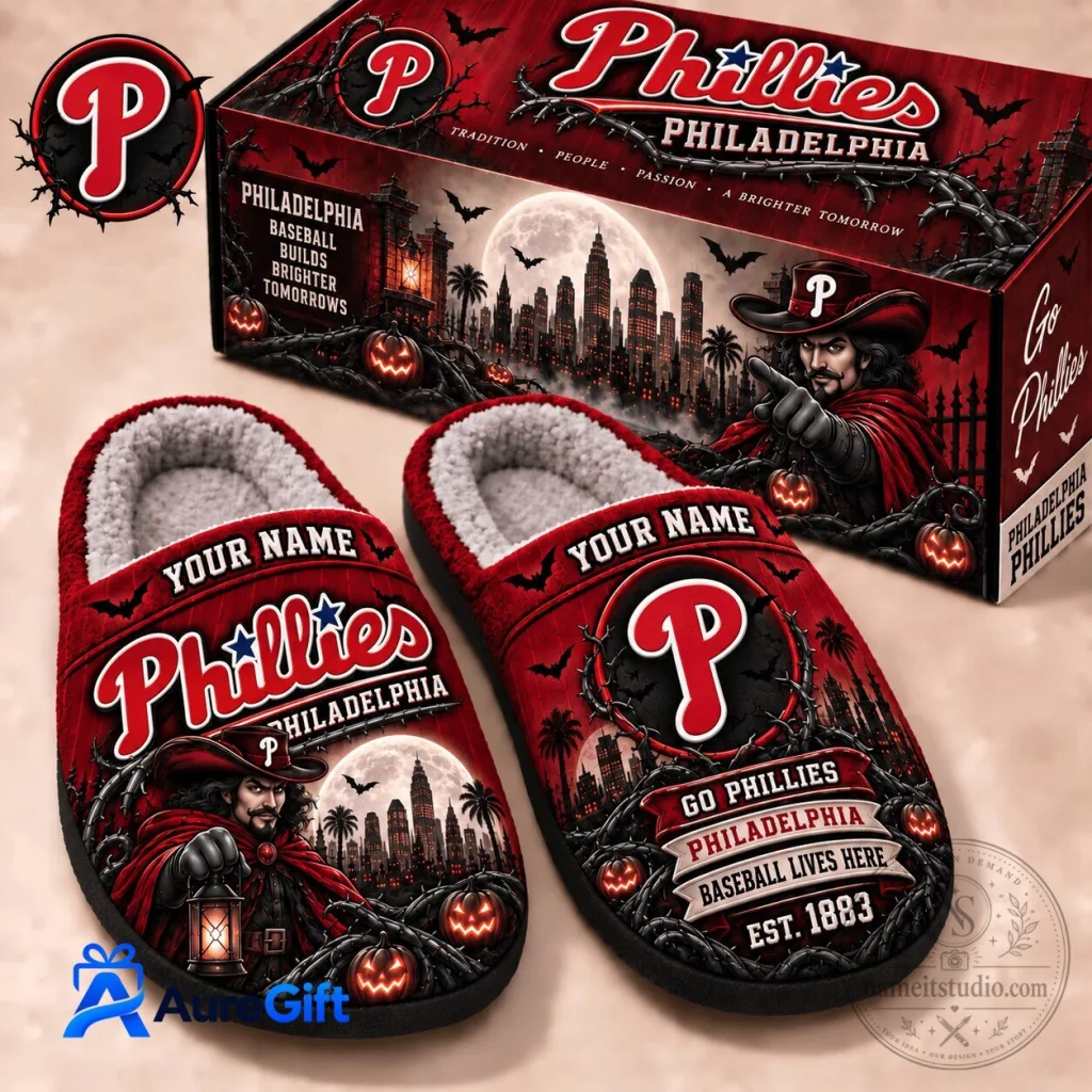 Philadelphia Phillies Halloween Baseball Team Cozy Slippers Personalized Gift Philadelphia Phillies Halloween Baseball Team Cozy Slippers Personalized Gift