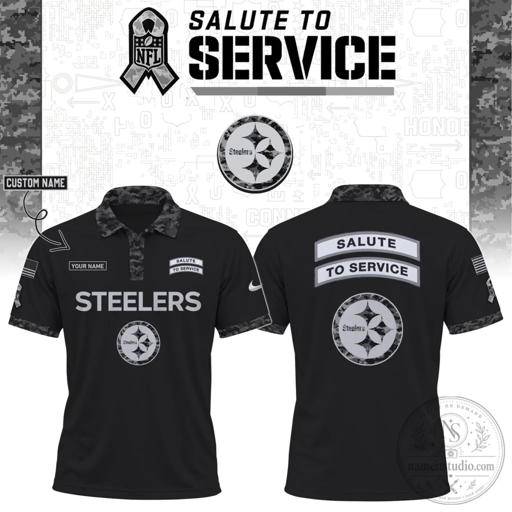 Pittsburgh Steelers Salute to Service Black Custom Name Polo Shirt Pittsburgh Steelers Salute to Service Black Custom Name Polo Shirt