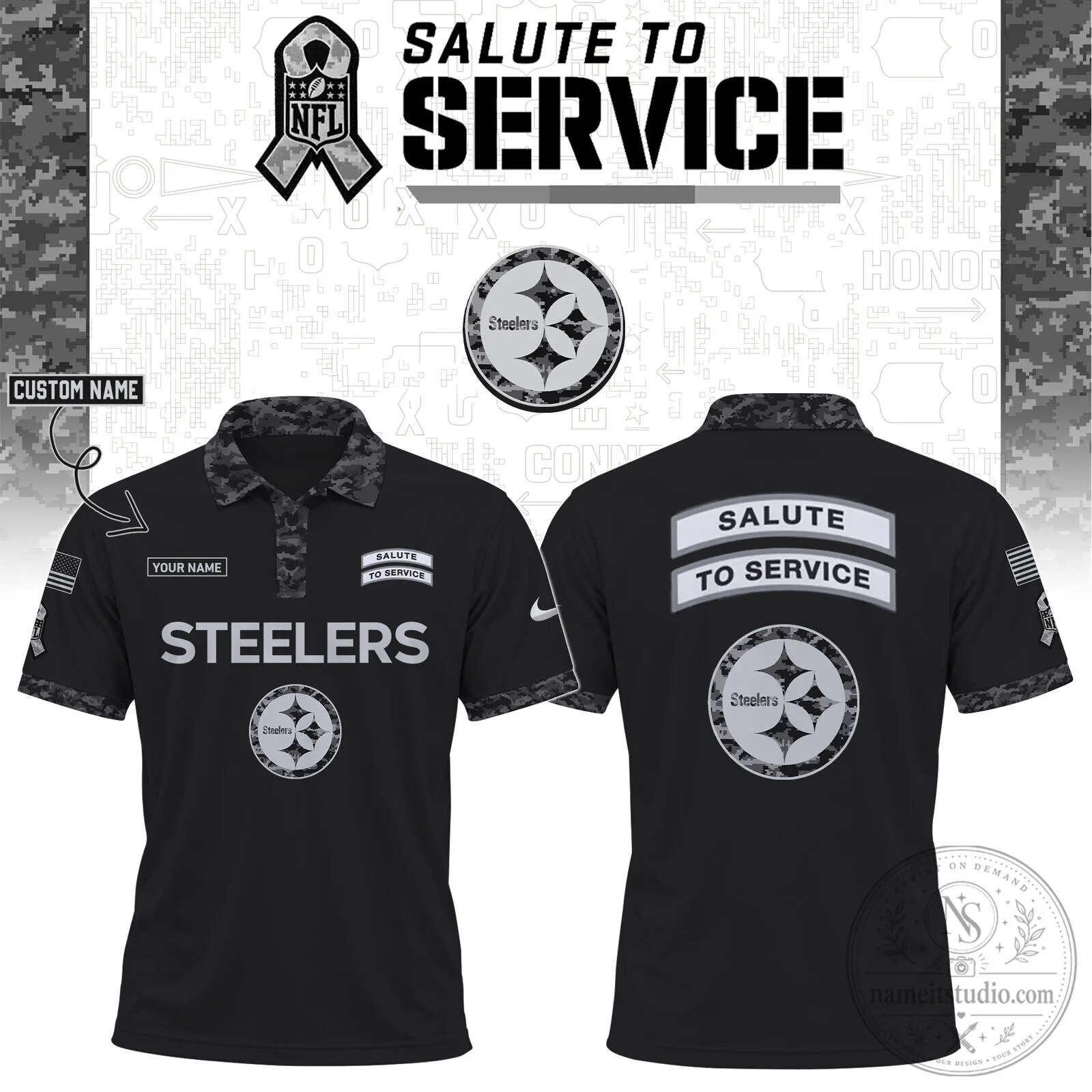 Pittsburgh Steelers Salute to Service Black Custom Name Polo Shirt 1 Pittsburgh Steelers Salute to Service Black Custom Name Polo Shirt