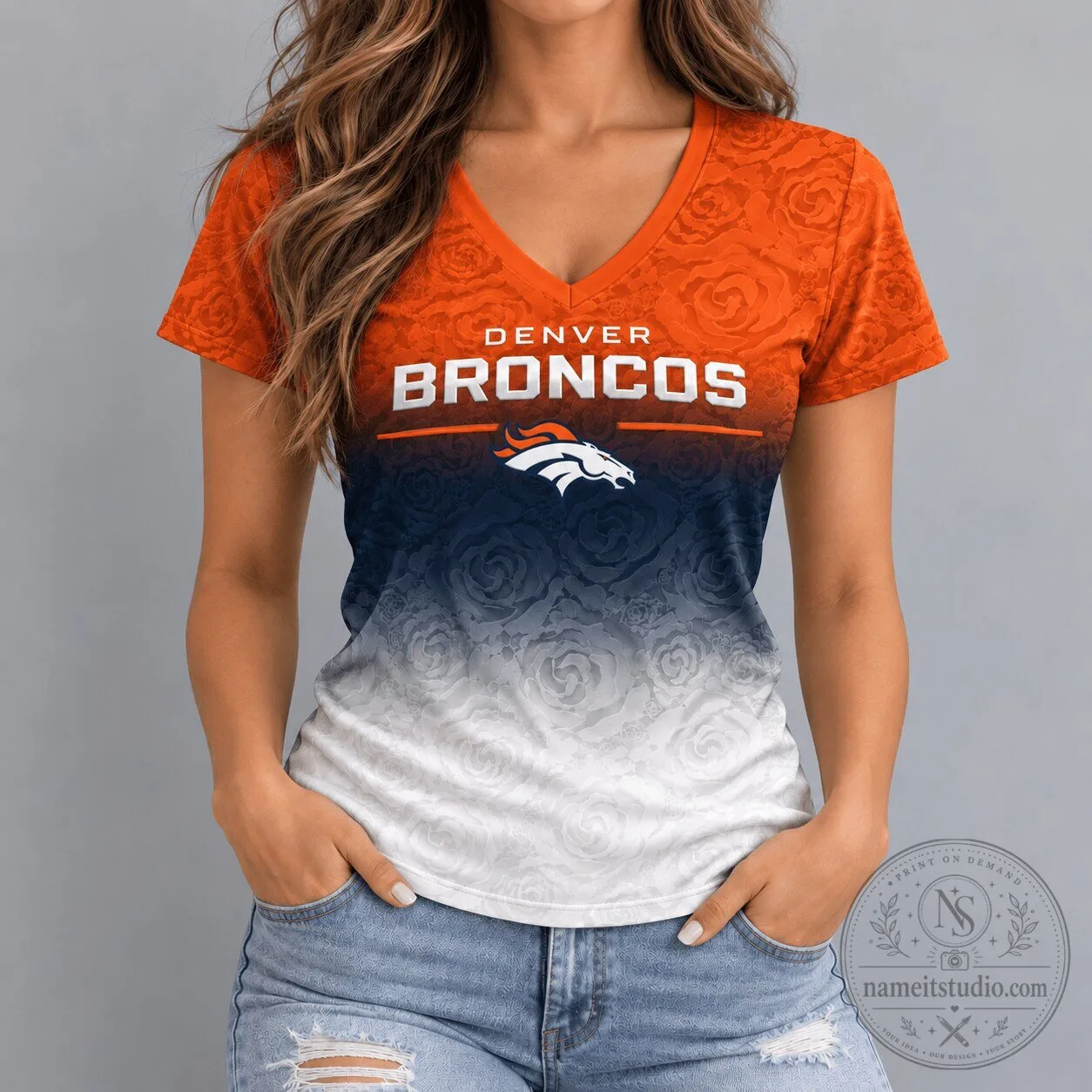 Denver Broncos Women's Rose Ombre Gradient V-Neck Short Sleeve T-Shirt 2 Denver Broncos Women's Rose Ombre Gradient V-Neck Short Sleeve T-Shirt