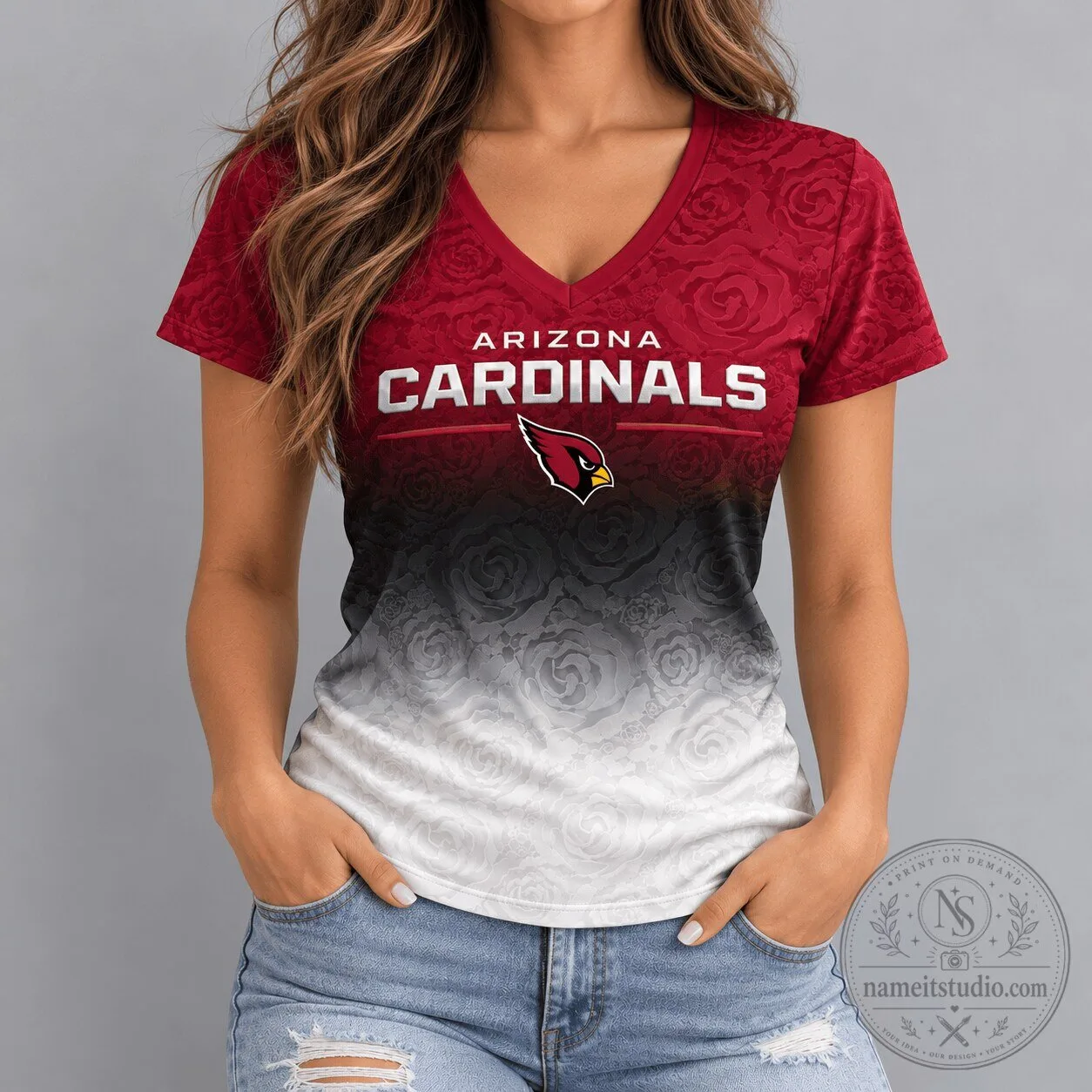 Arizona Cardinals Football Team Rose Ombre Pattern V-Neck T-Shirt