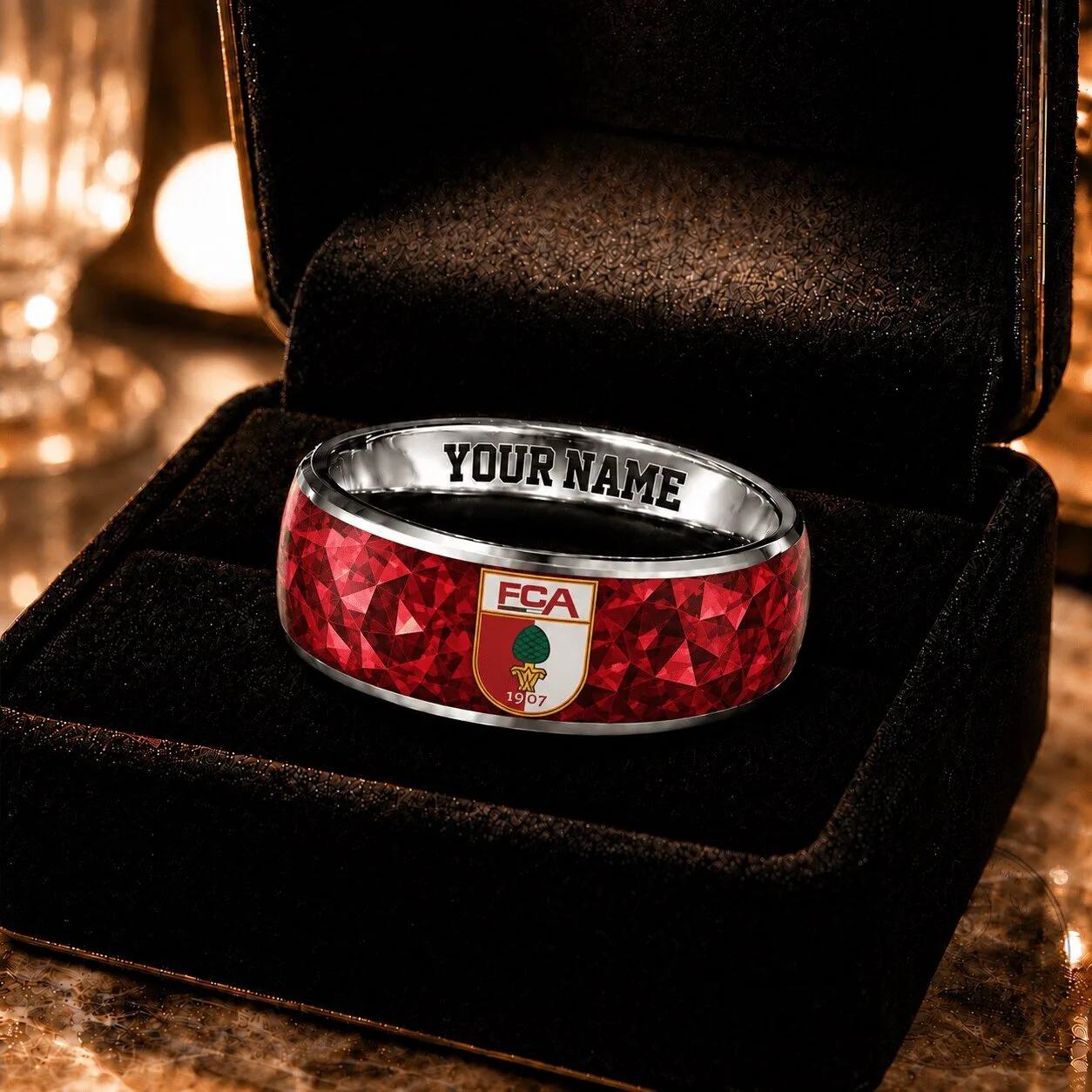 FC Augsburg Bundesliga Red Gemstone Pattern Custom Name Engraved Ring