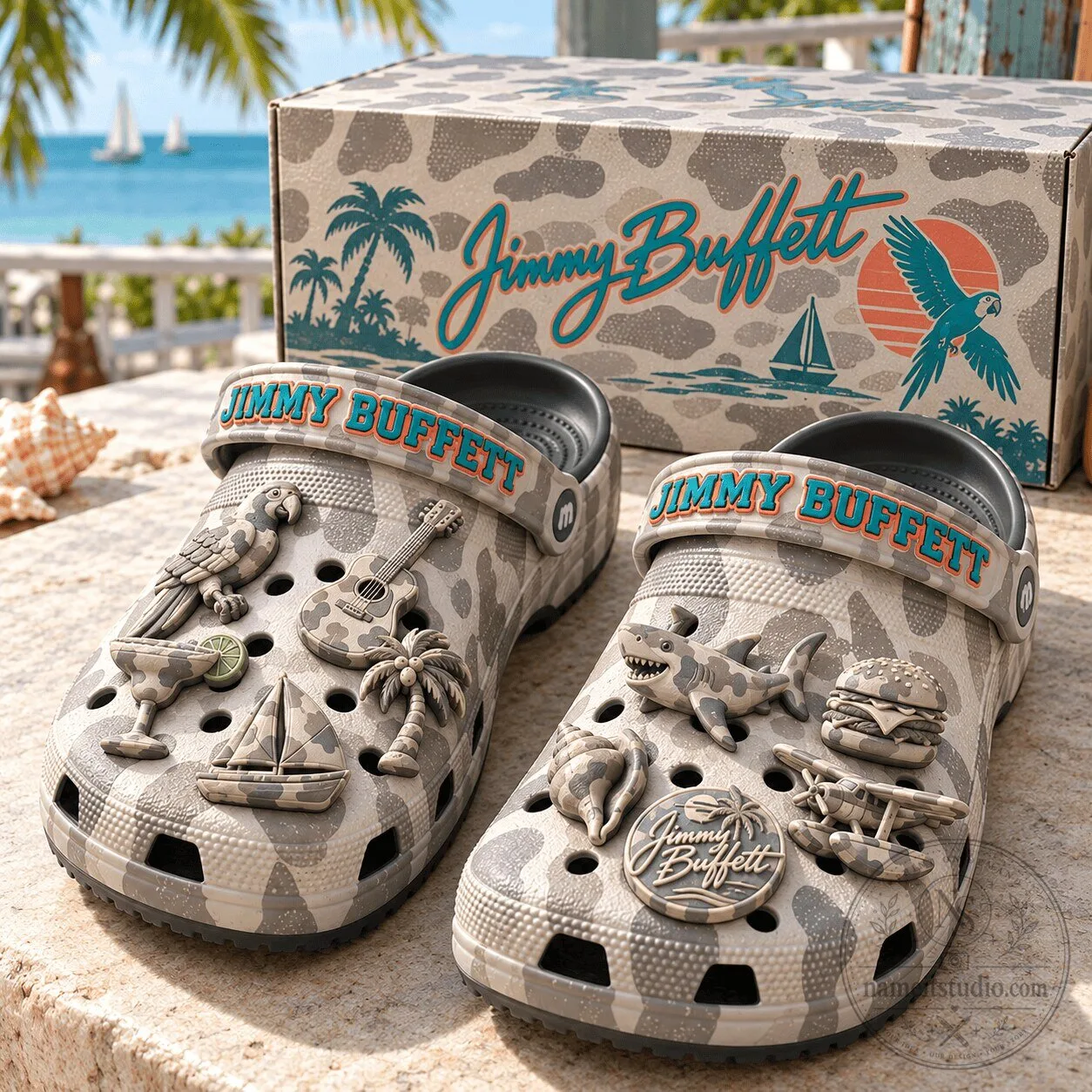 Jimmy Buffett Camouflage Tropical Parrot Cheeseburger Clogs