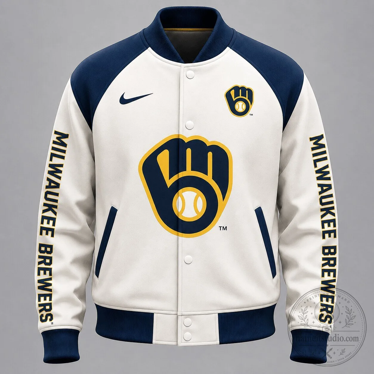 Milwaukee Brewers Baseball Team White and Blue Bomber Jacket