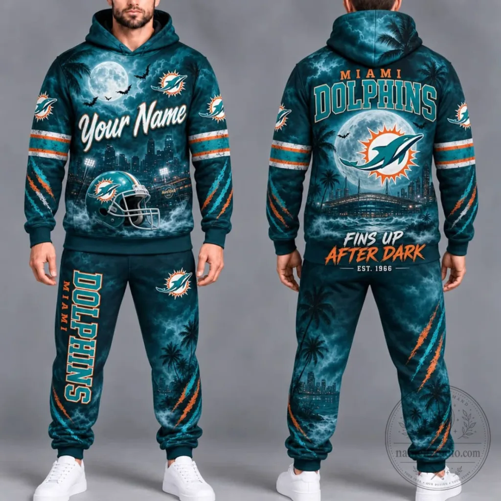 Miami Dolphins Full Moon After Dark Halloween Football Hoodie and Jogger Set Miami Dolphins Full Moon After Dark Halloween Football Hoodie and Jogger Set