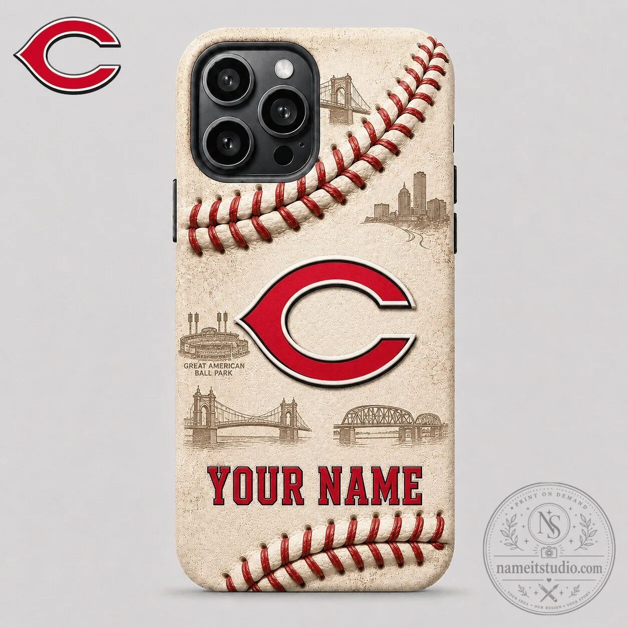 Cincinnati Reds Baseball Stitches Custom Name iPhone Case