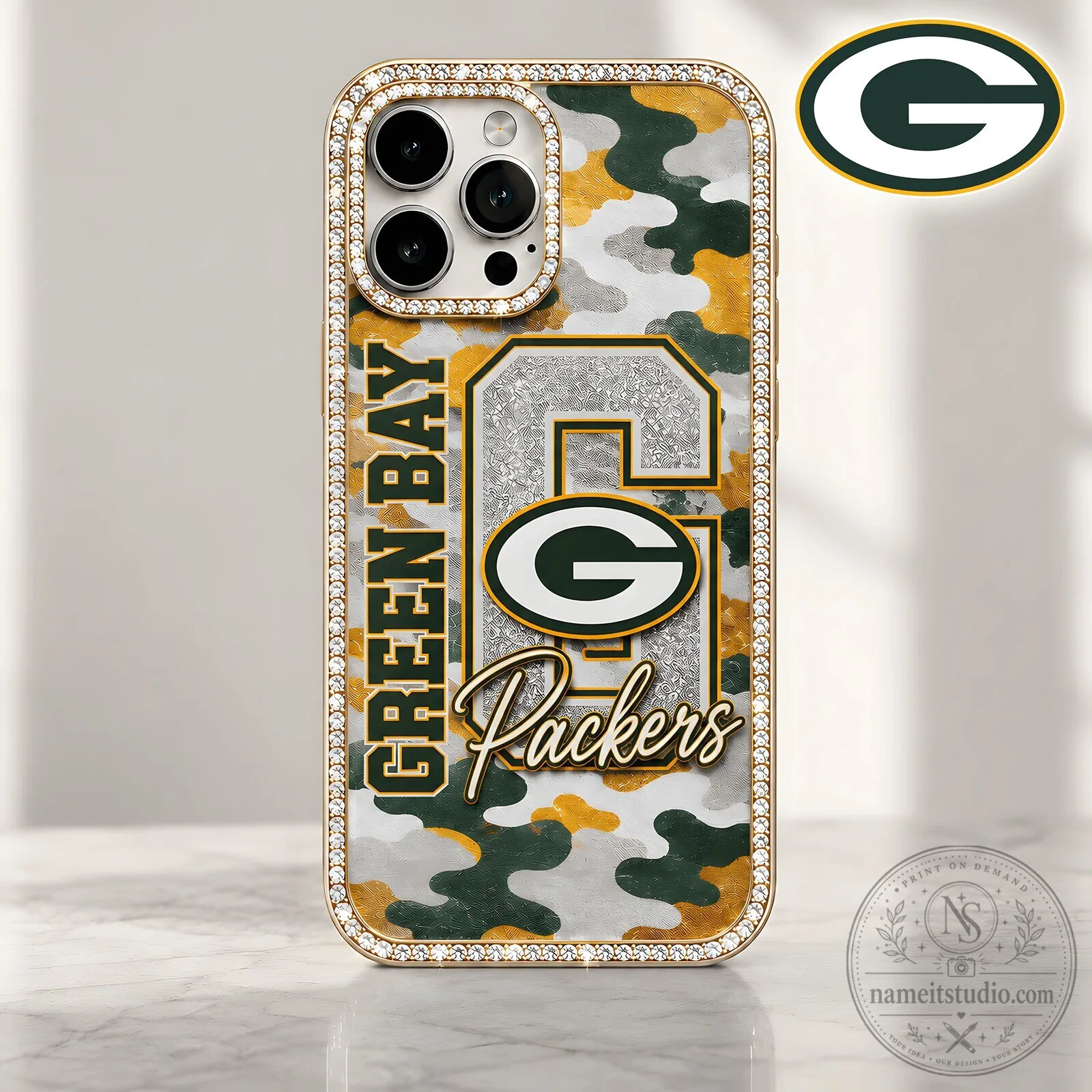 Green Bay Packers Camouflage Bling Luxury Phone Case for Apple iPhone