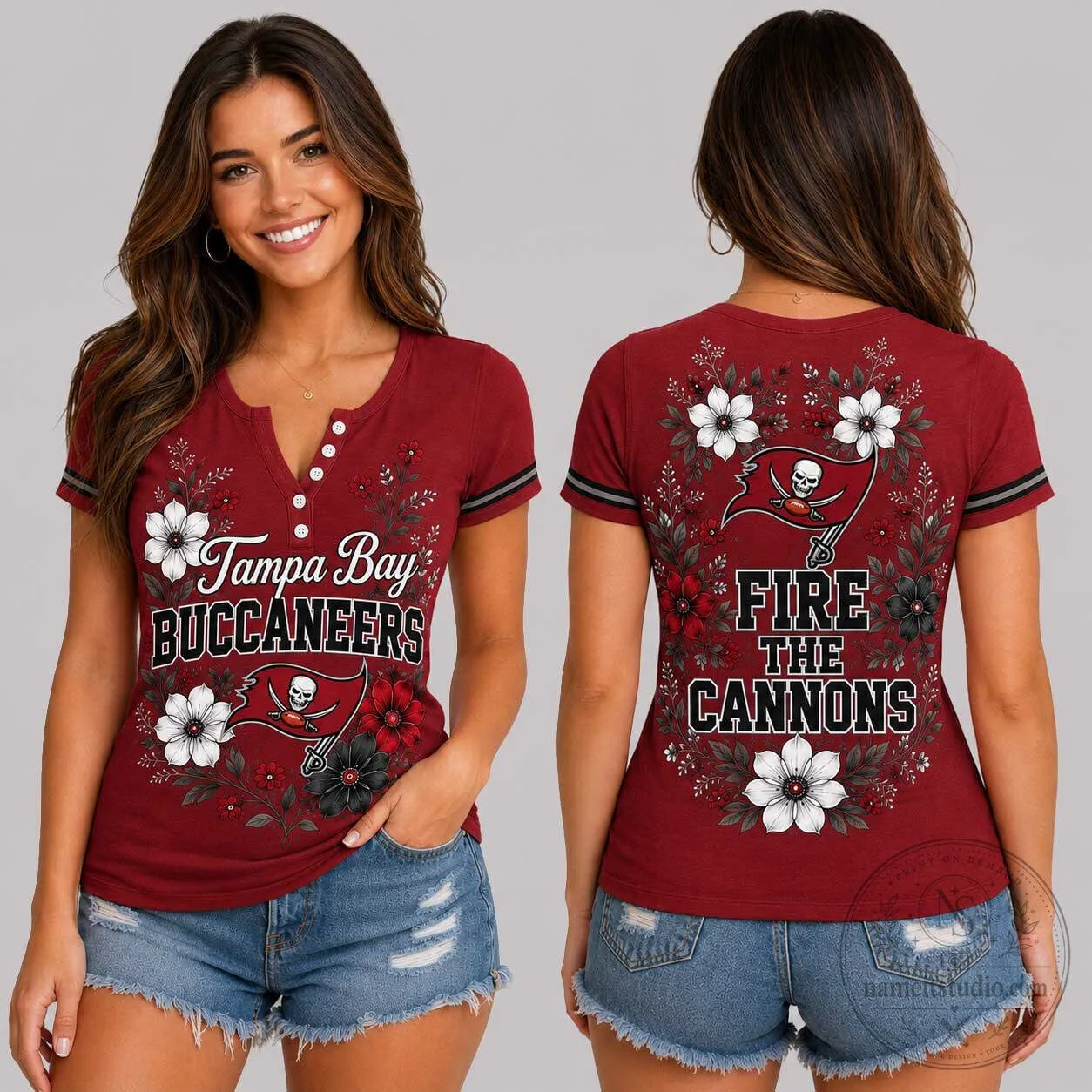 Tampa Bay Buccaneers Fire The Cannons Floral Game Day Women's T-Shirt 2 Tampa Bay Buccaneers Fire The Cannons Floral Game Day Women's T-Shirt