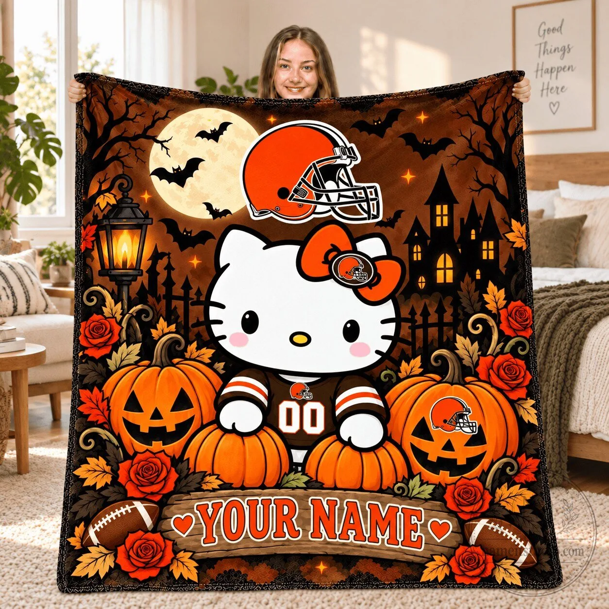 Hello Kitty Cleveland Browns Halloween Football Fleece Blanket