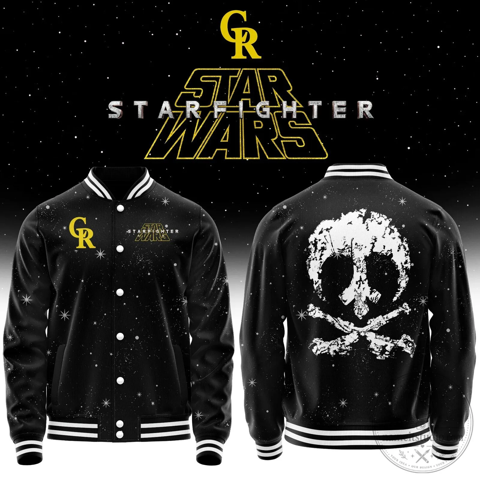 Star Wars Starfighter Black and White Bomber Jacket with Skull Design 1 Star Wars Starfighter Black and White Bomber Jacket with Skull Design