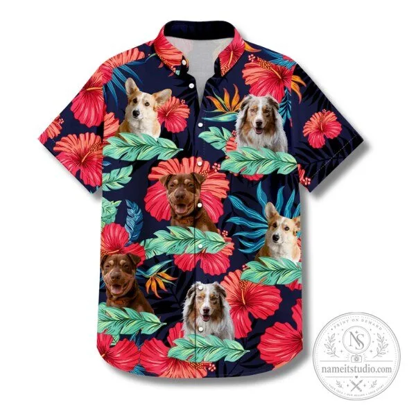 Cute Dogs and Hibiscus Flowers Tropical Pattern Hawaiian Shirt
