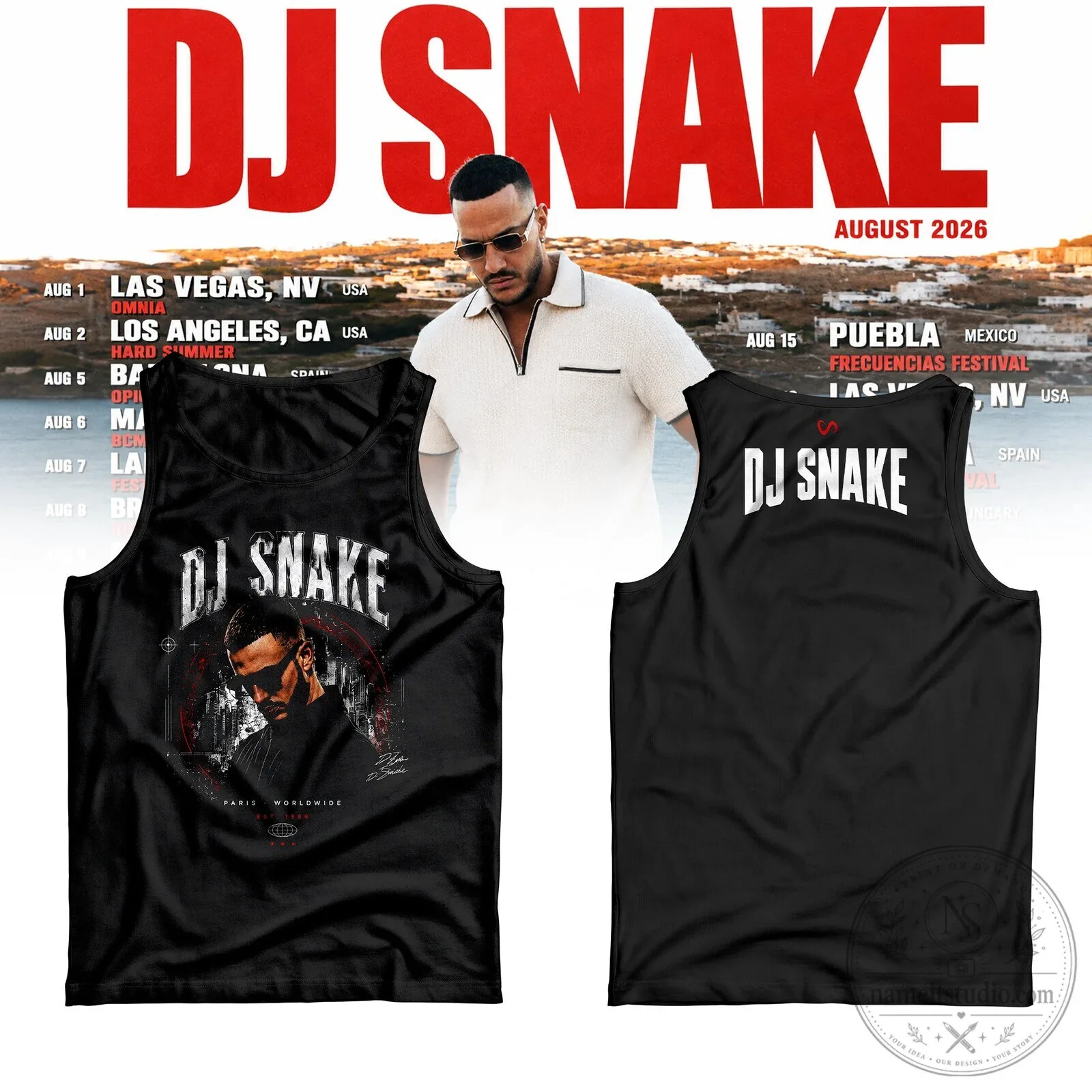 DJ Snake August 2026 Tour Dates Music Festival Black Tank Top