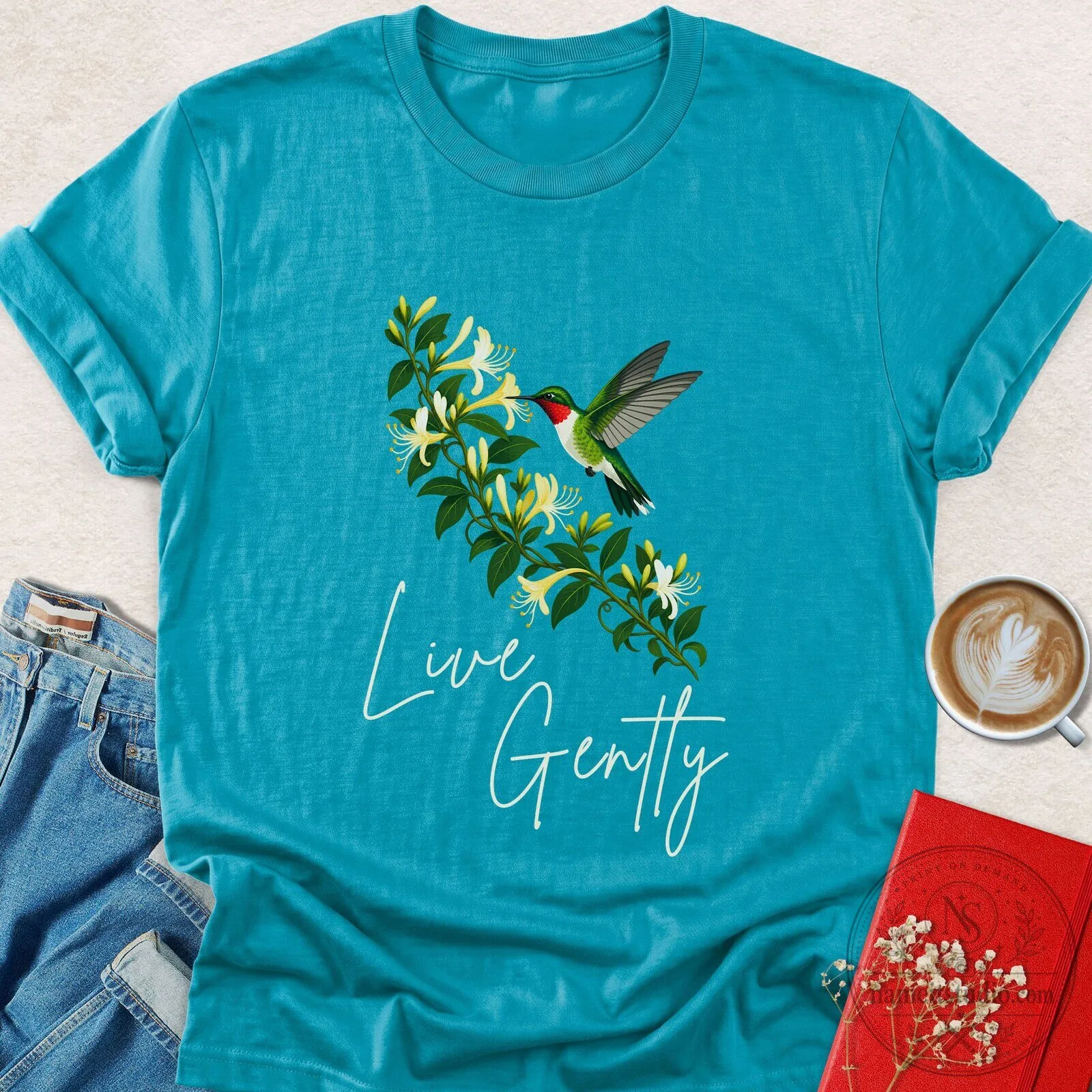 Live Gently Hummingbird Honeysuckle Flower Nature Lover T-Shirt