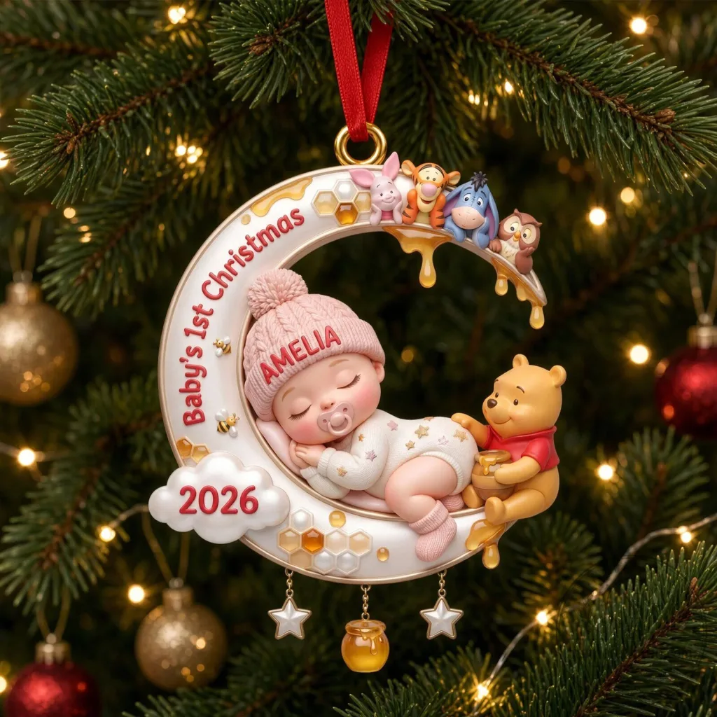 Personalized Baby's First Christmas Moon and Winnie the Pooh Ornament Personalized Baby's First Christmas Moon and Winnie the Pooh Ornament