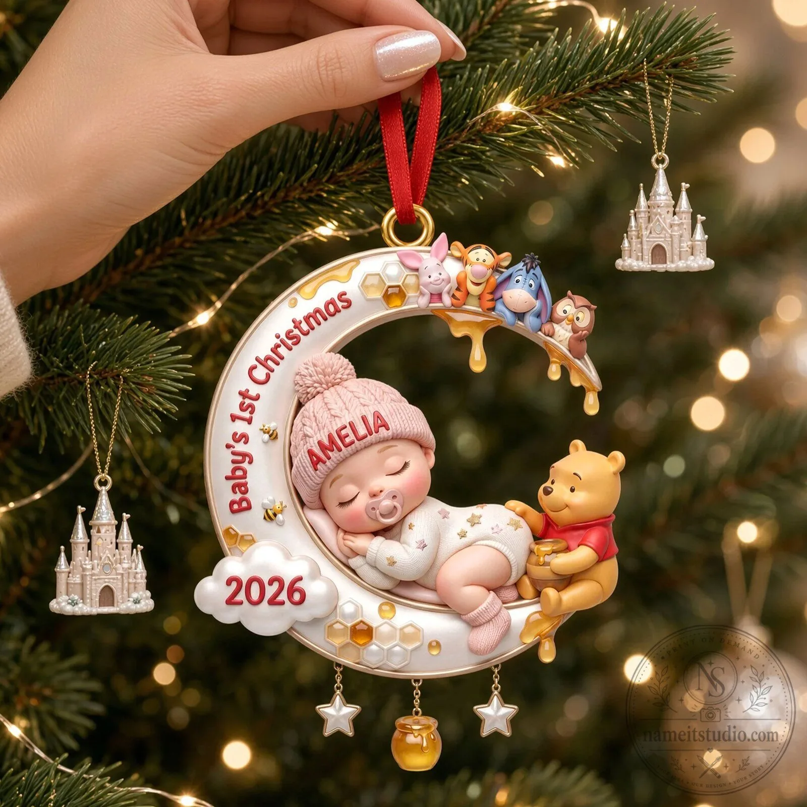 Personalized Baby's First Christmas Moon and Winnie the Pooh Ornament 9 Personalized Baby