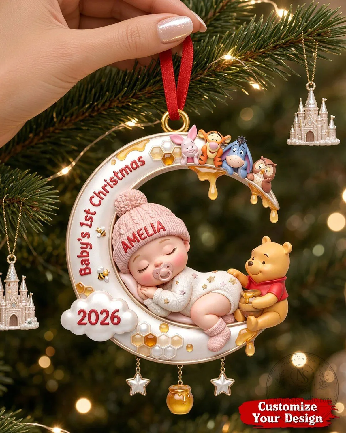 Personalized Baby's First Christmas Moon and Winnie the Pooh Ornament 10 Personalized Baby