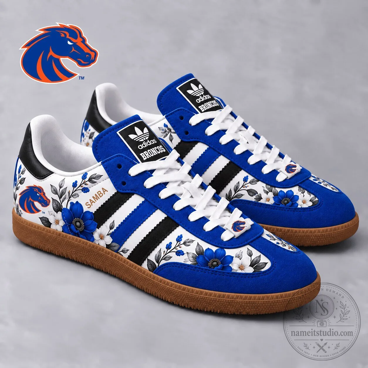 Boise State Broncos Floral Pattern Blue and White Samba Shoes
