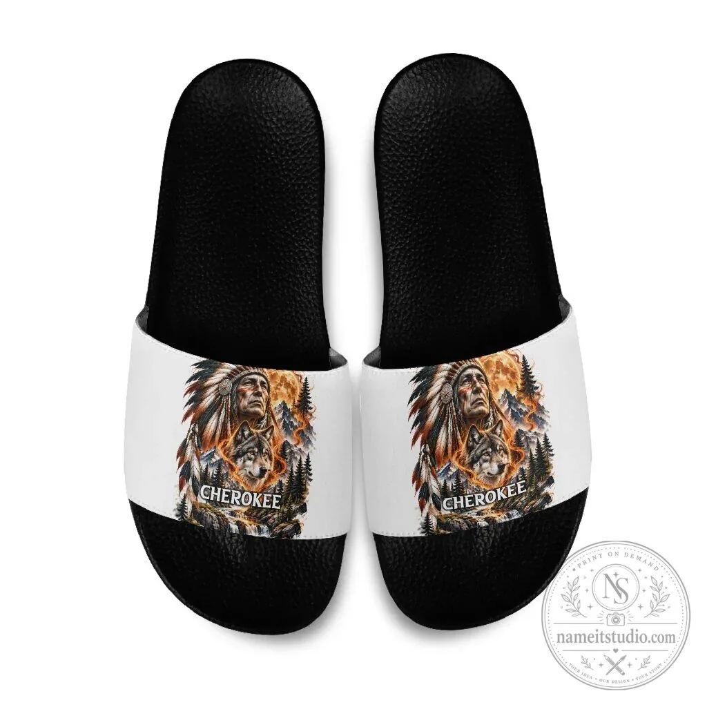 Cherokee Wolf And Native Chief Slide Sandals Tribal Nature Landscape With Fiery Moon Art