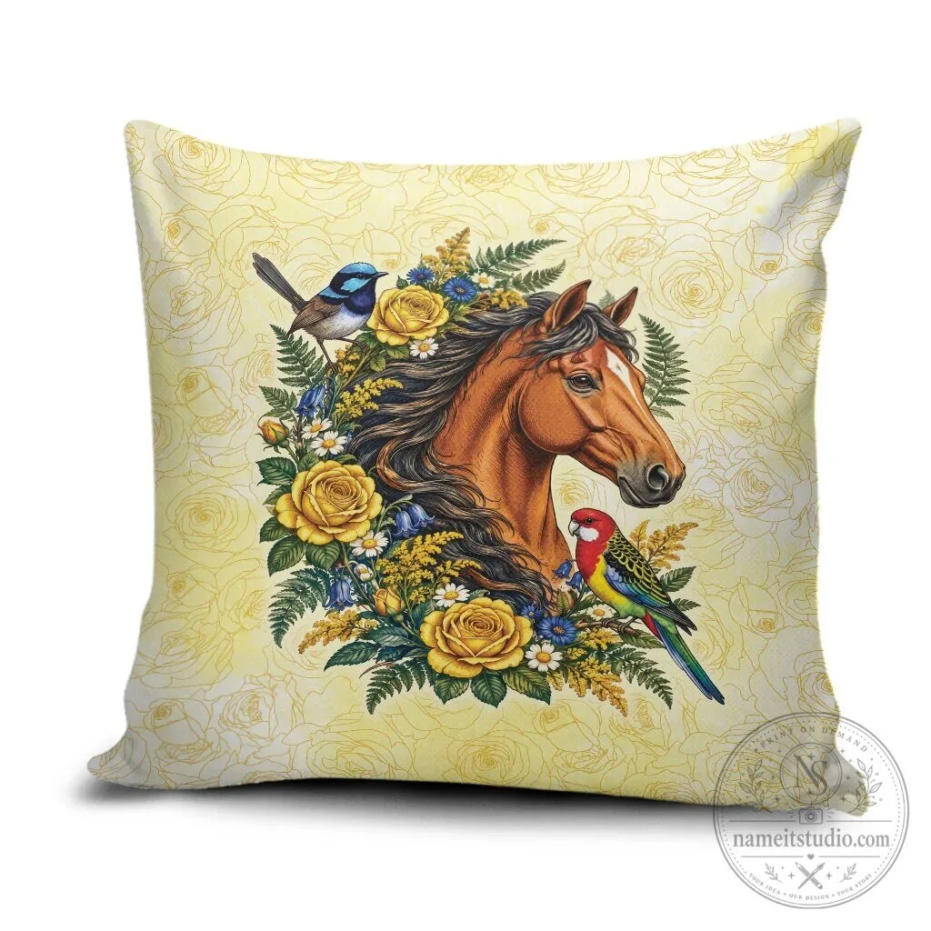 Horse Head Yellow Rose Wreath Australian Blue Wren Rosella Parrot Decorative Pillow