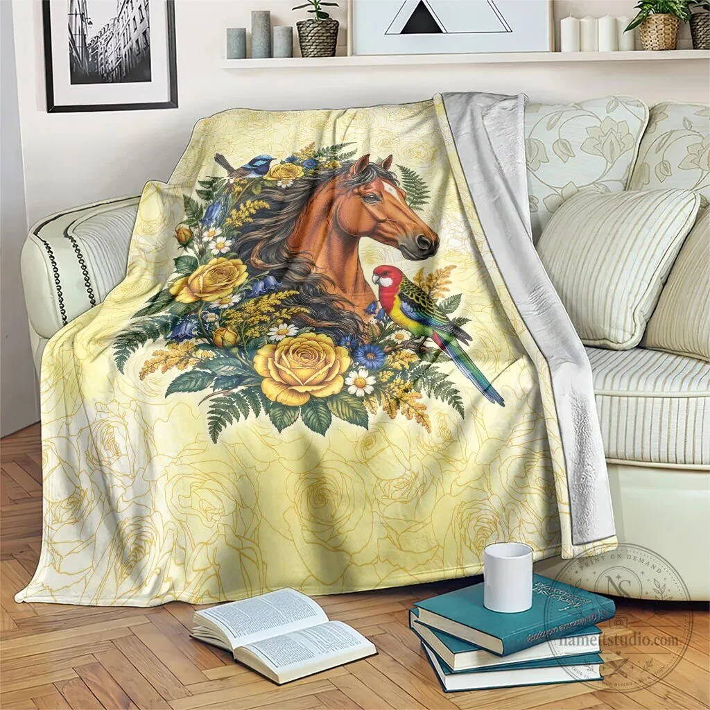 Horse Yellow Rose Wreath Australian Blue Wren Rosella Parrot Blanket