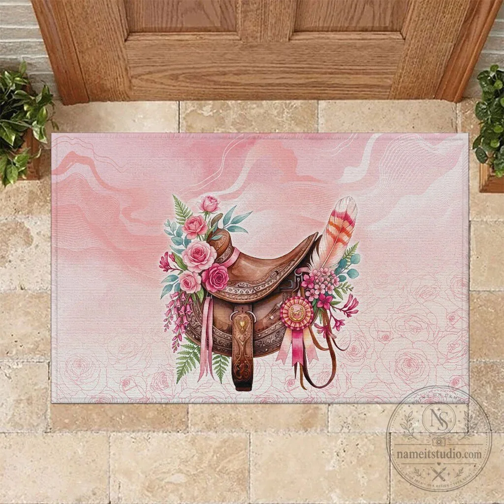 Pink Rose Floral Horse Saddle Doormat with Waxflower Flowers