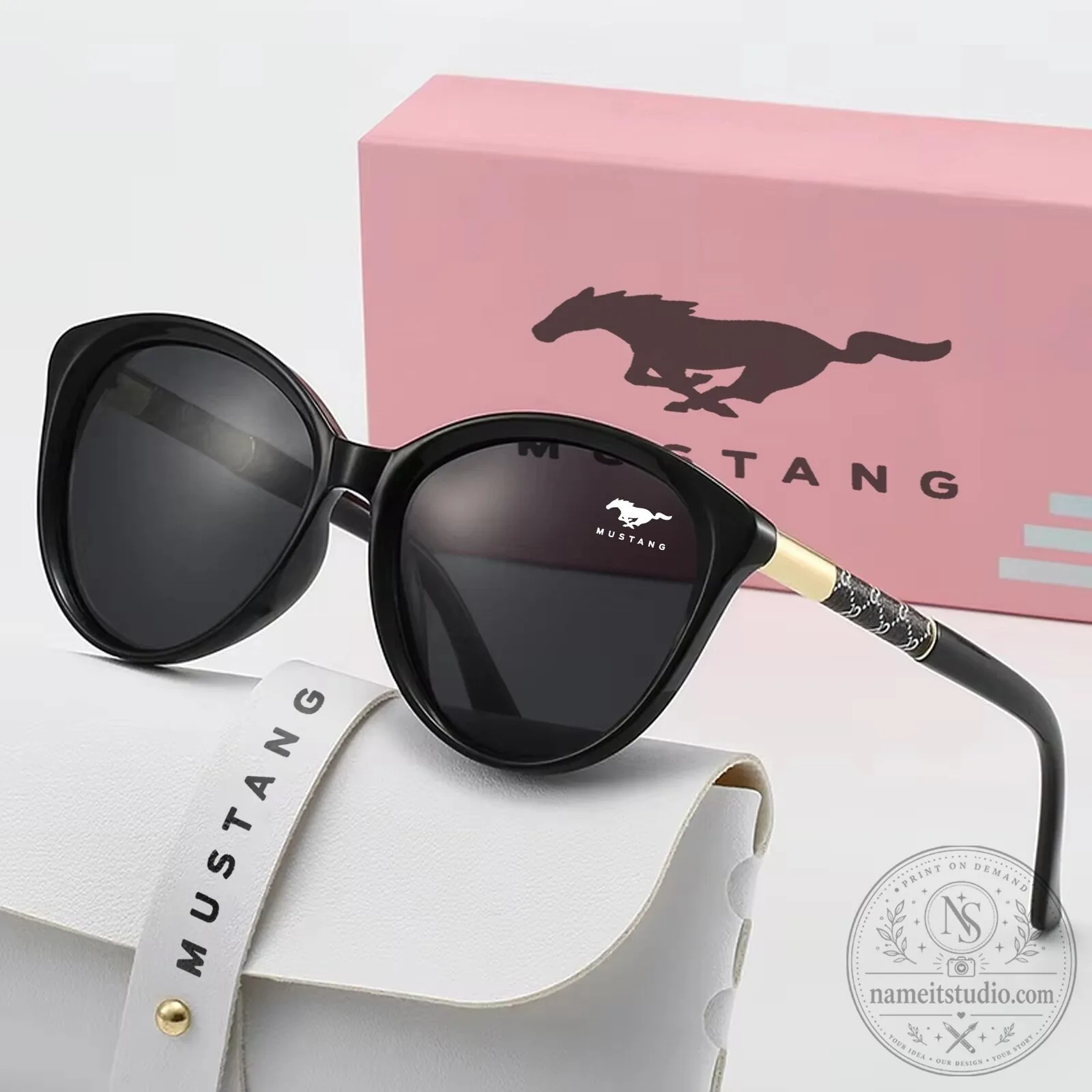 Mustang Cat Eye Round Polarized Sunglasses for Women, Black Frame