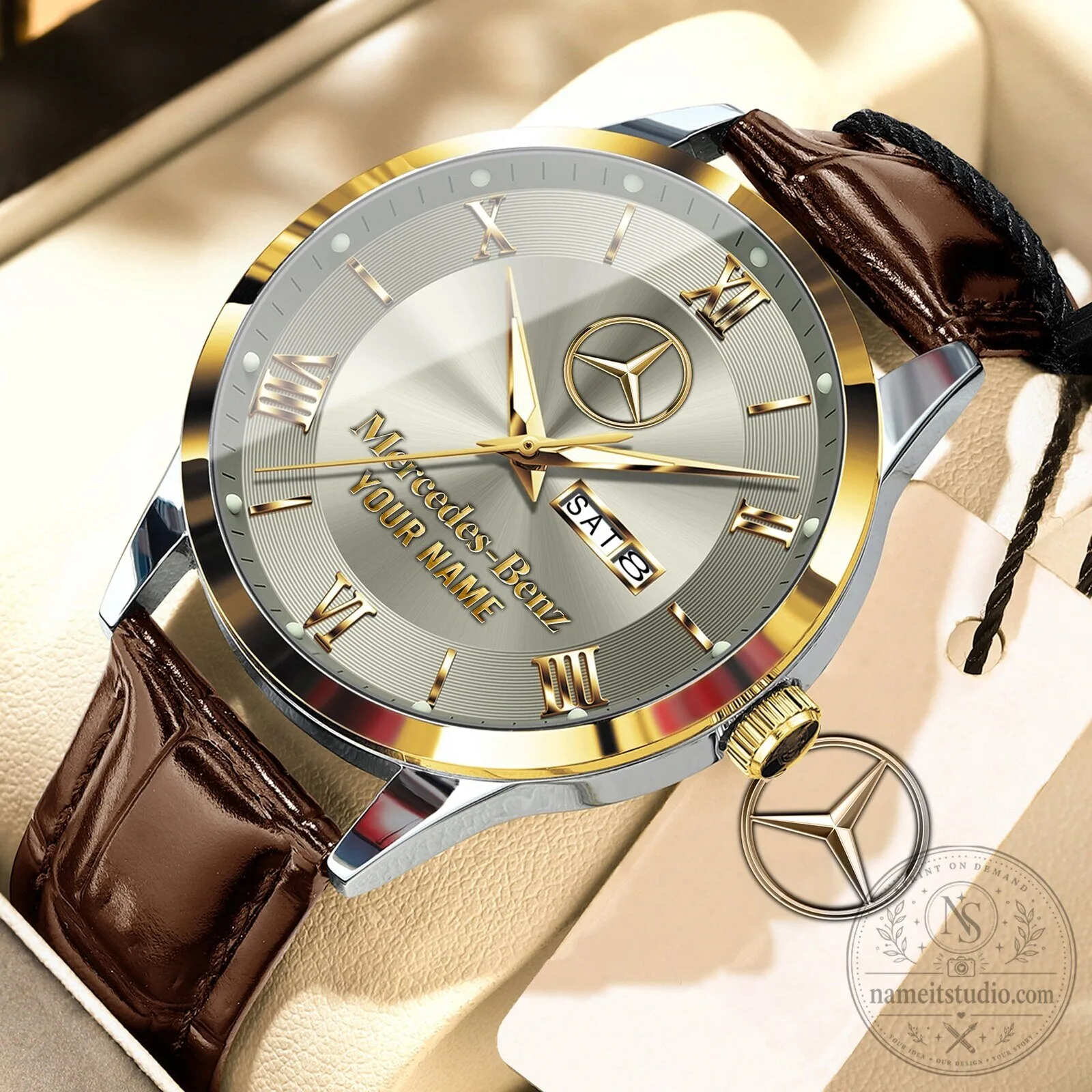 Mercedes-Benz Personalized Elegant Gold Tone Leather Strap Men's Watch 13 Mercedes-Benz Personalized Elegant Gold Tone Leather Strap Men