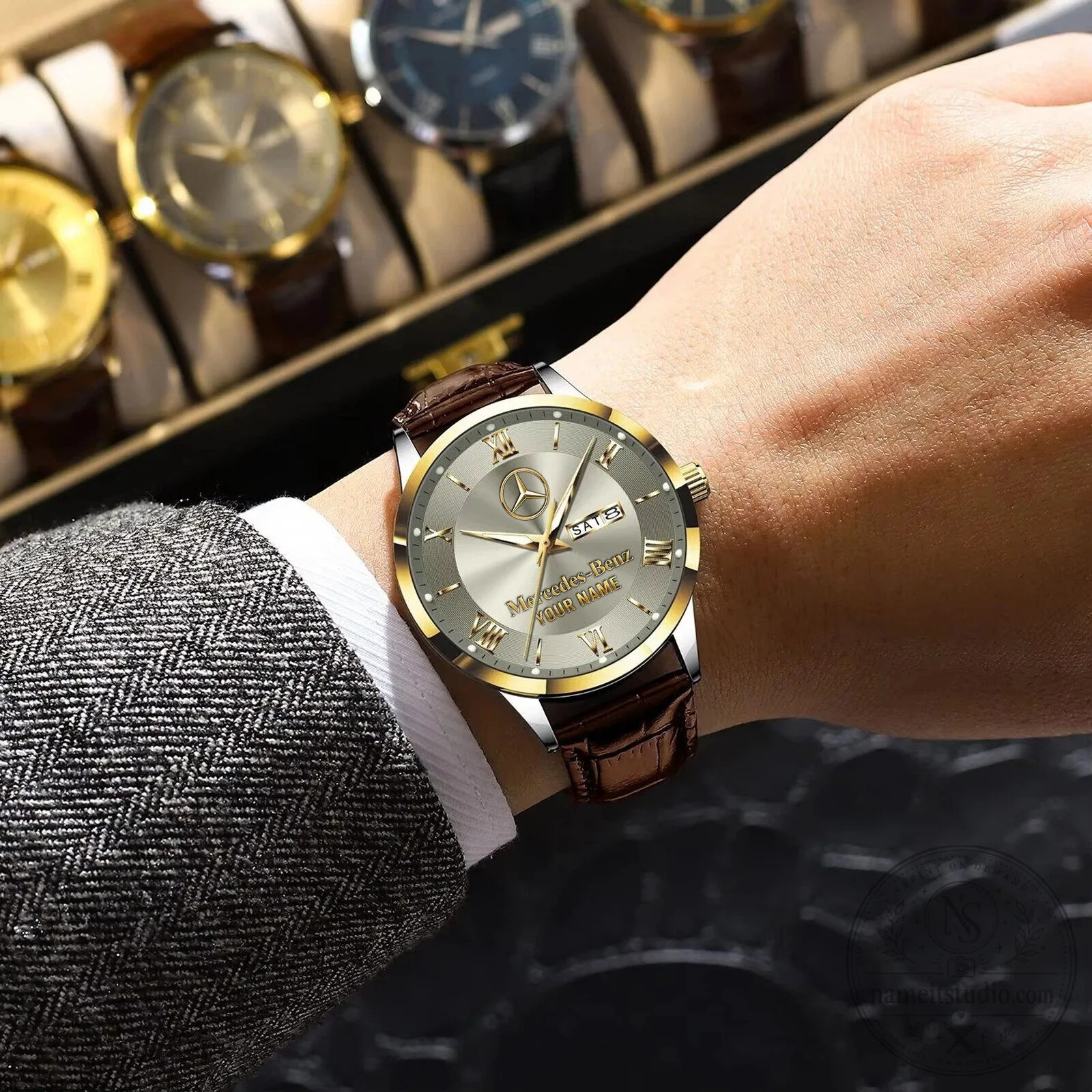 Mercedes-Benz Personalized Elegant Gold Tone Leather Strap Men's Watch 14 Mercedes-Benz Personalized Elegant Gold Tone Leather Strap Men