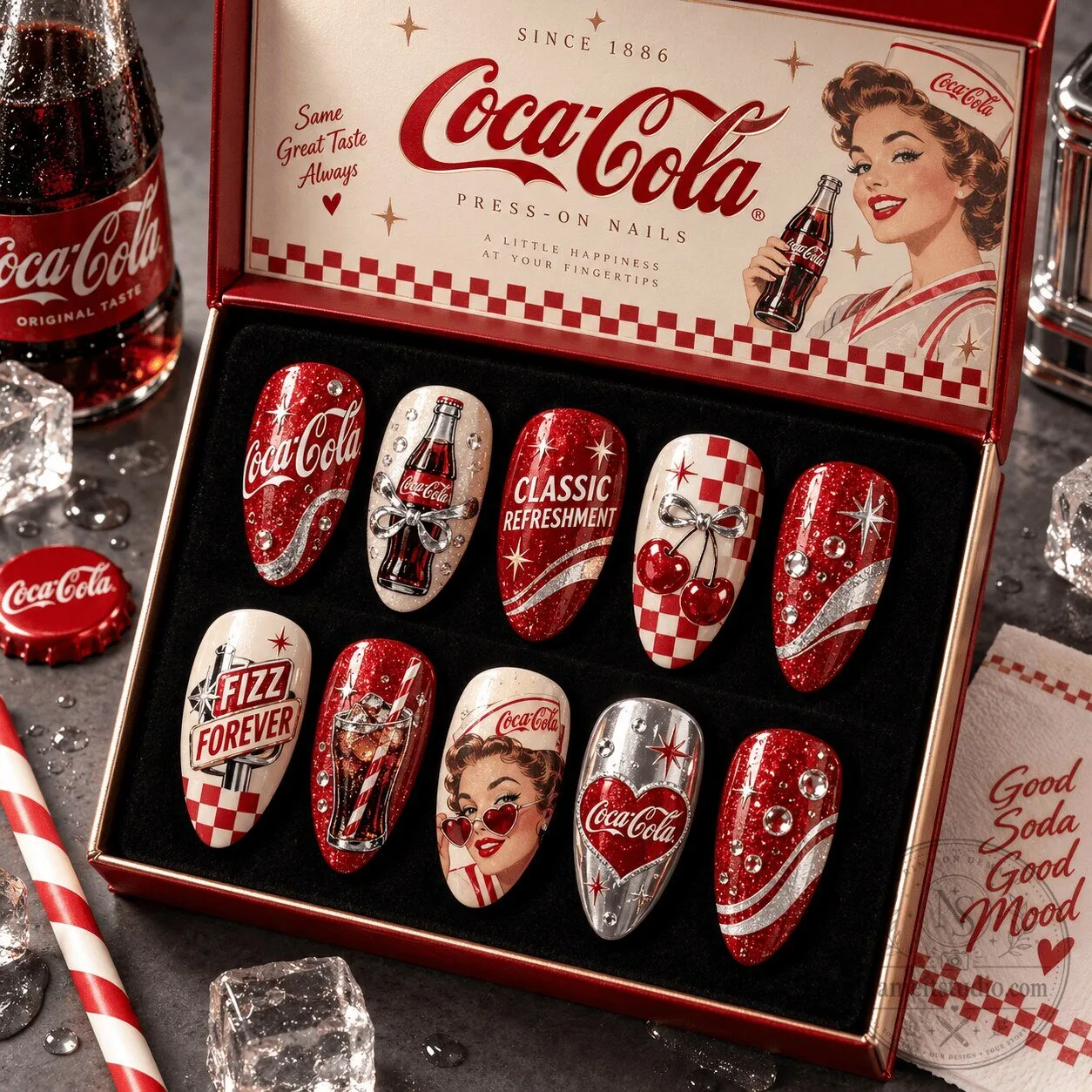 Coca-Cola Vintage Bottles and Red Gingham Pattern Press-On Nails Set 1 Coca-Cola Vintage Bottles and Red Gingham Pattern Press-On Nails Set