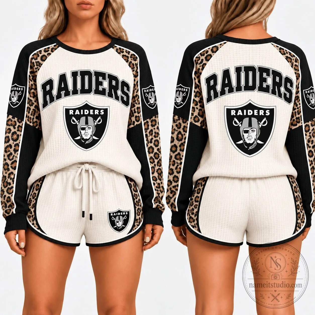Las Vegas Raiders NFL Leopard Print Waffle Knit Lounge Sweatshirt and Shorts Set